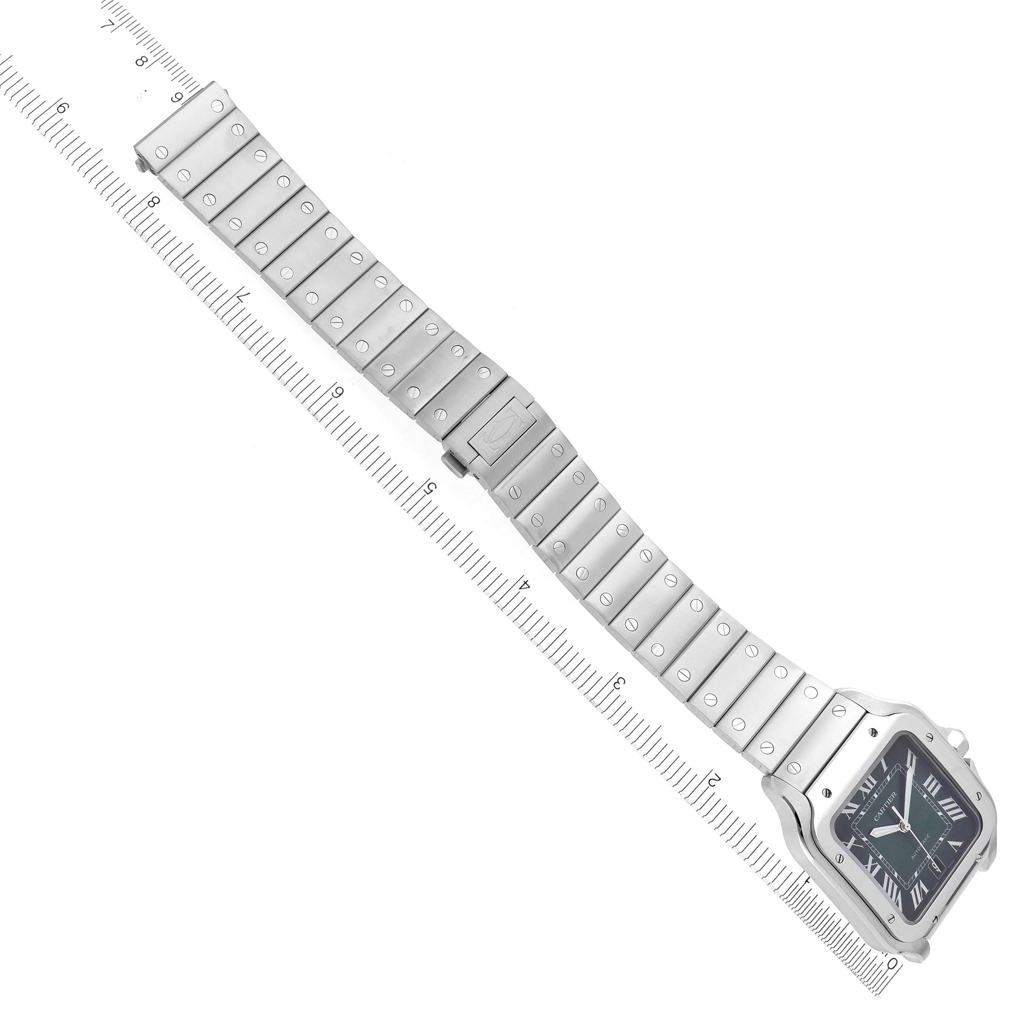 The image shows a top view of the Cartier Santos WSSA0062 Men's Stainless Steel Green Dial WSSA0062 Men's Stainless Steel Green Dial watch, highlighting its face and metal bracelet.