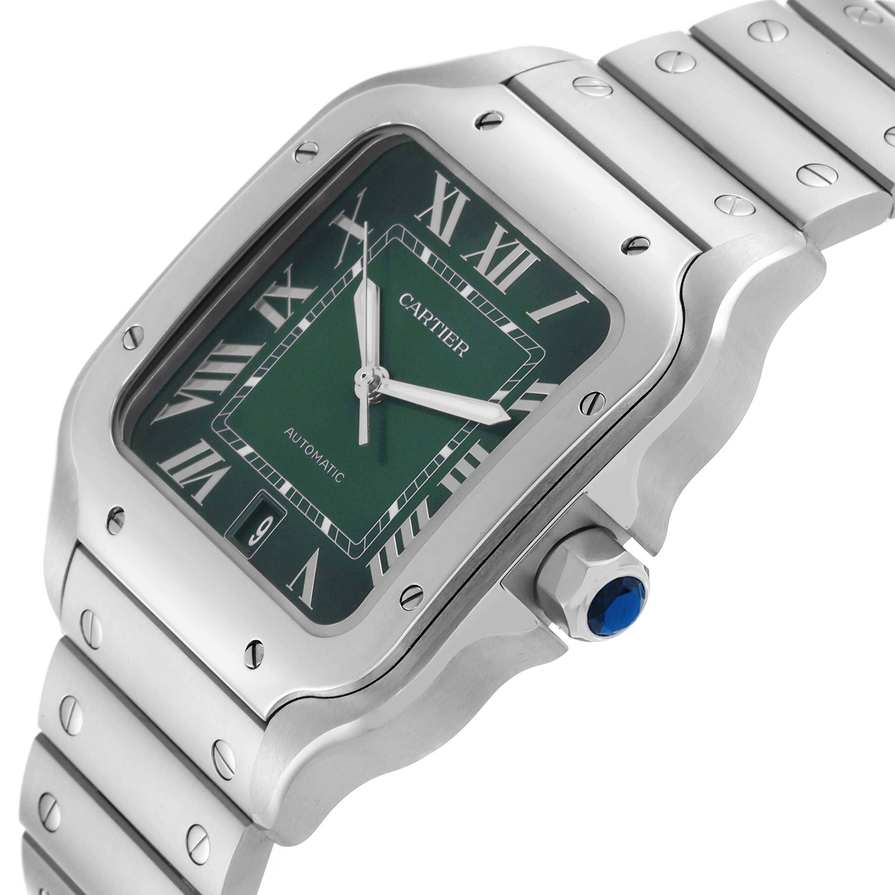 The Cartier Santos WSSA0062 Men's Stainless Steel Green Dial WSSA0062 Men's Stainless Steel Green Dial watch is shown at an angled close-up, highlighting the green dial, bezel, crown, and part of the bracelet.