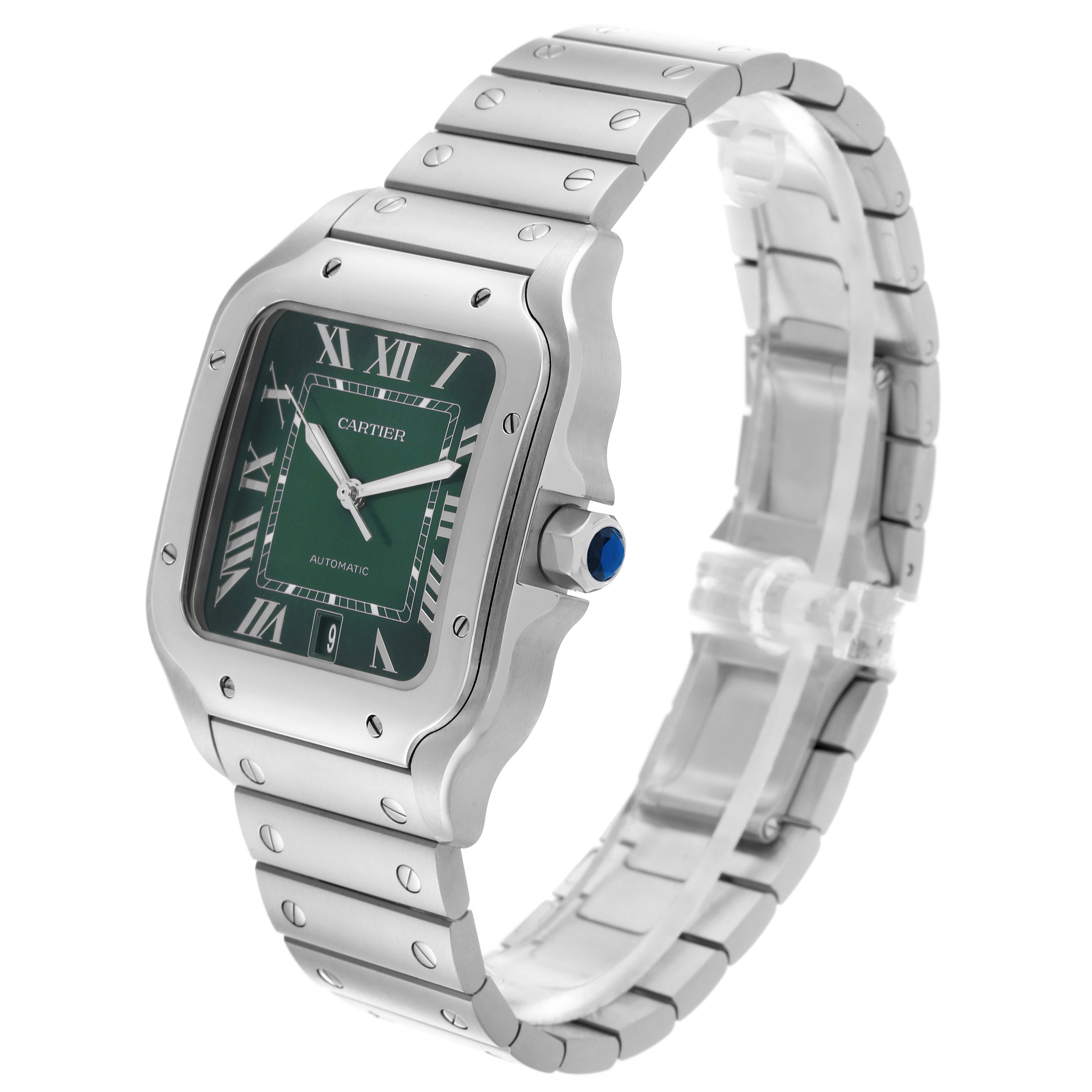 The Cartier Santos WSSA0062 Men's Stainless Steel Green Dial WSSA0062 Men's Stainless Steel Green Dial watch is shown at a slight angle, highlighting the case, dial, crown, and bracelet.