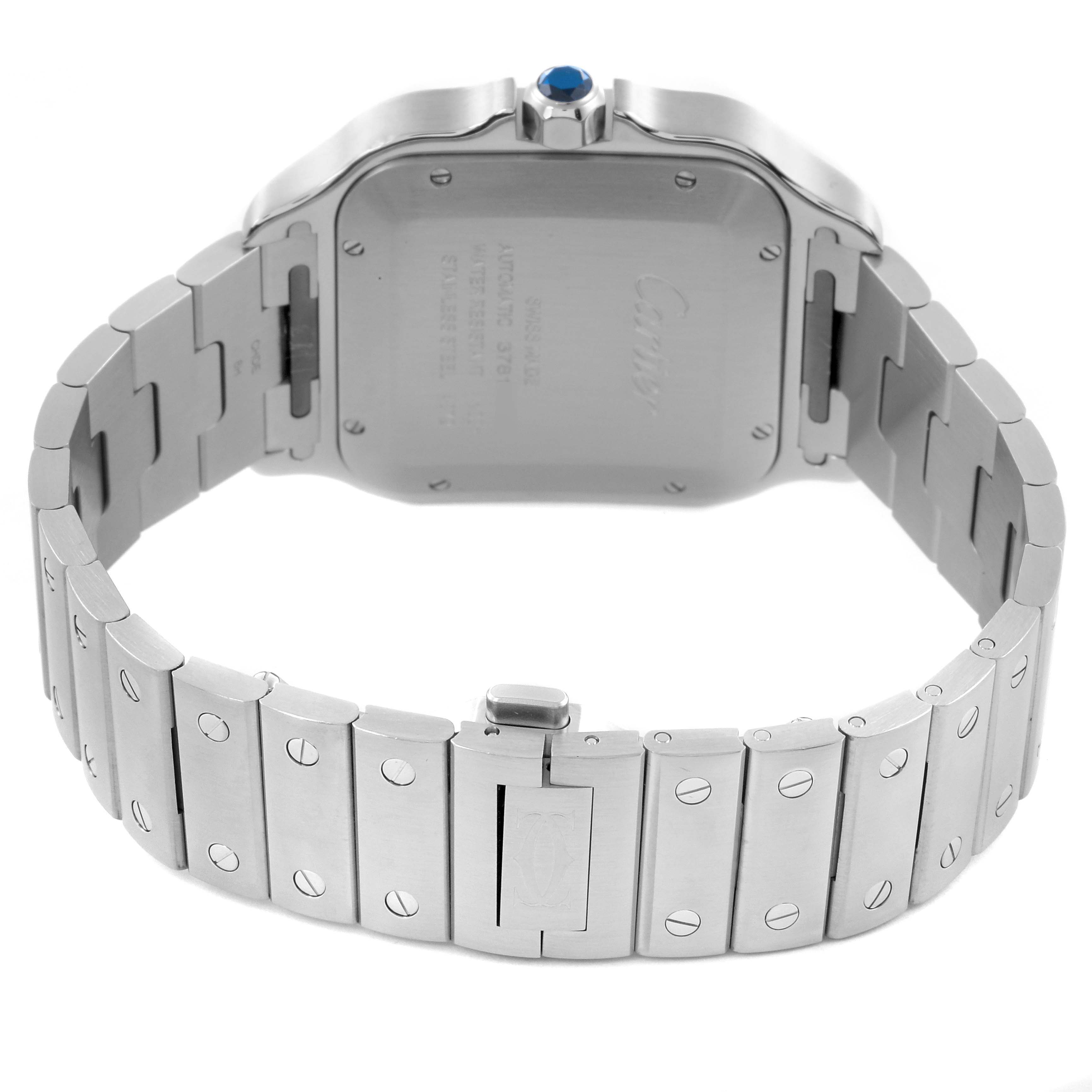 The image shows the back and side view of a Cartier Santos WSSA0062 Men's Stainless Steel Green Dial WSSA0062 Men's Stainless Steel Green Dial watch, highlighting its metal bracelet and clasp.