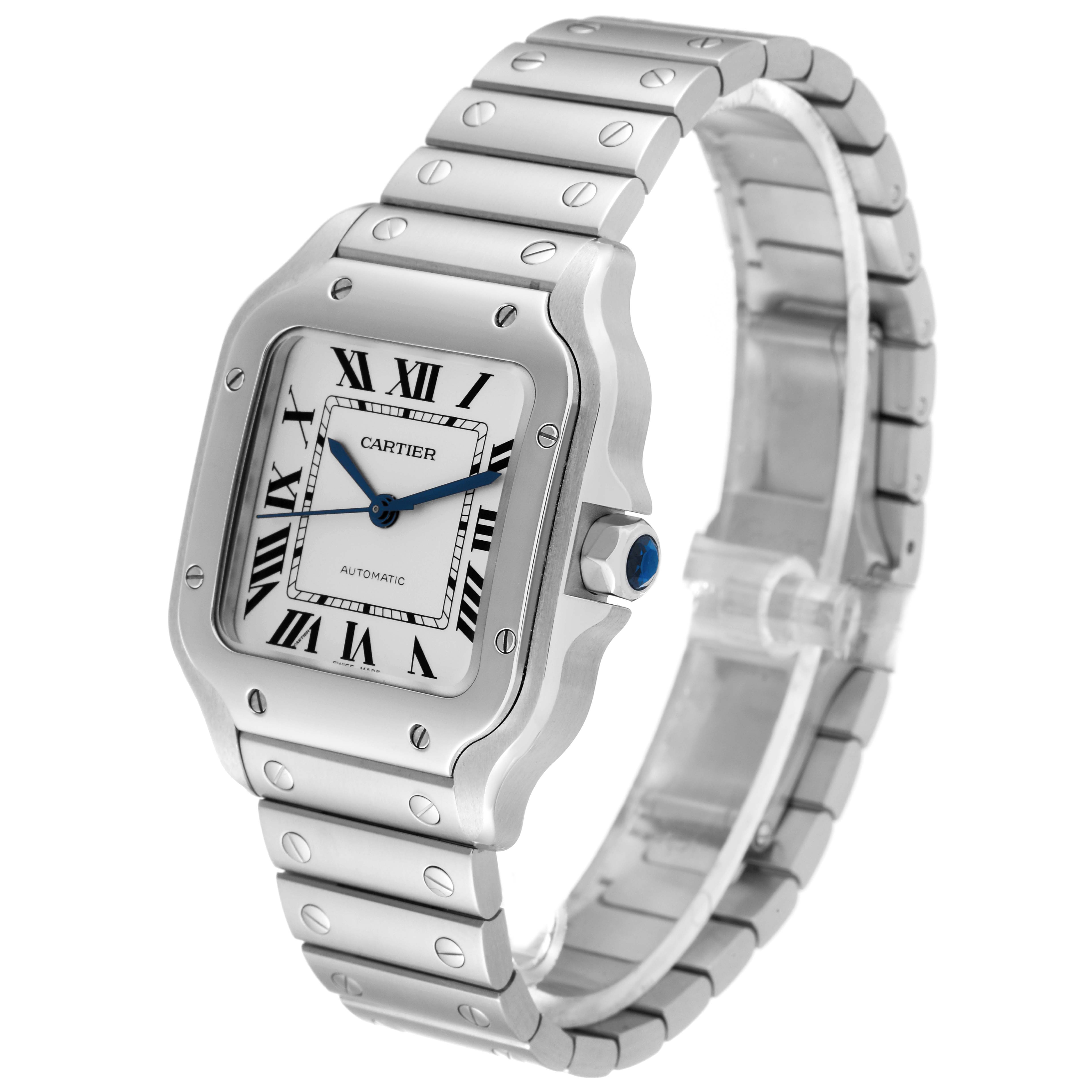 This image shows a three-quarter view of a Cartier Santos WSSA0029 Men
s Stainless Steel Silver Dial WSSA0029 Men
s Stainless Steel Silver Dial watch, featuring the face, bezel, crown, and bracelet.