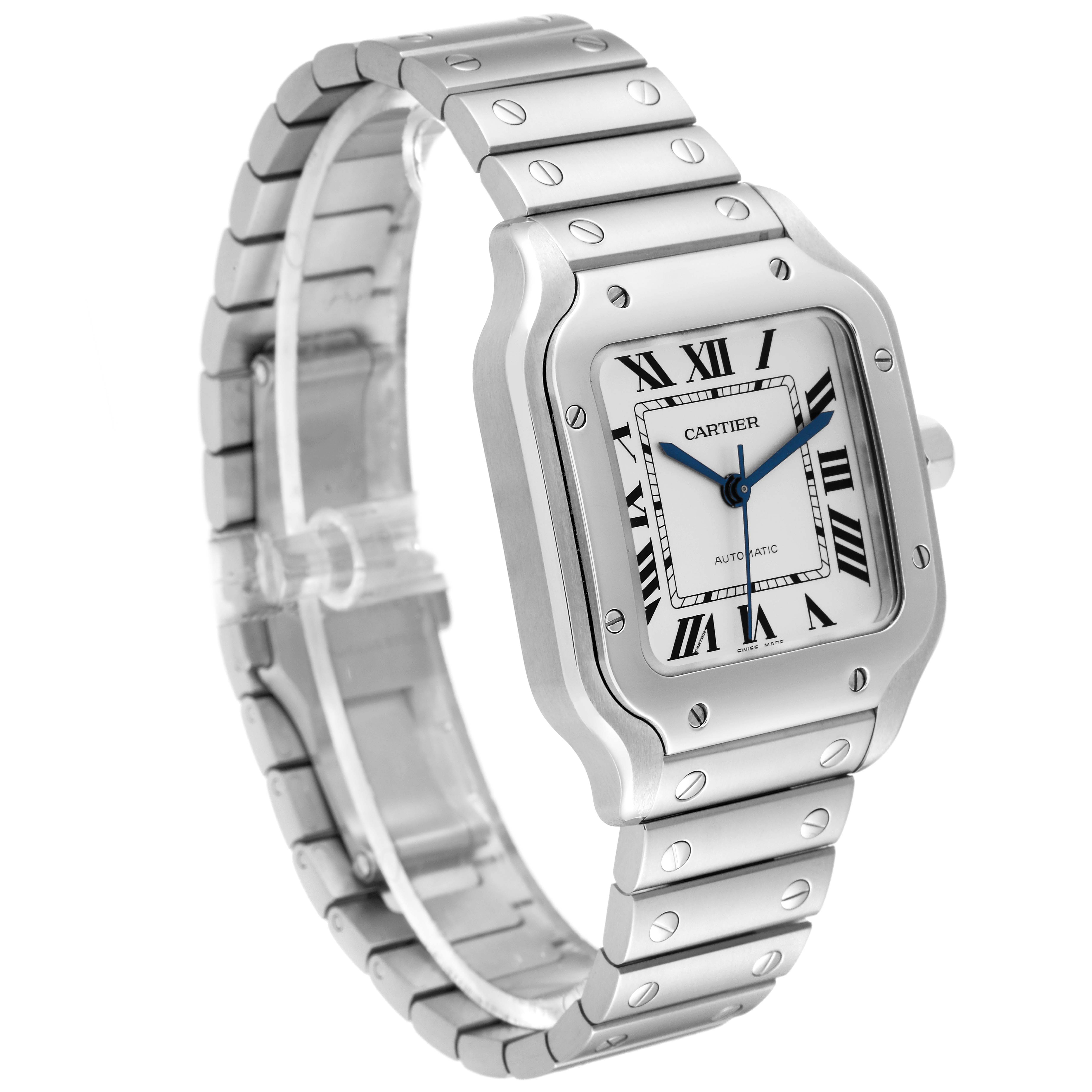 The Cartier Santos WSSA0029 Men
s Stainless Steel Silver Dial WSSA0029 Men
s Stainless Steel Silver Dial watch is shown at an angle highlighting its silver bracelet, casing, and square dial with Roman numerals.