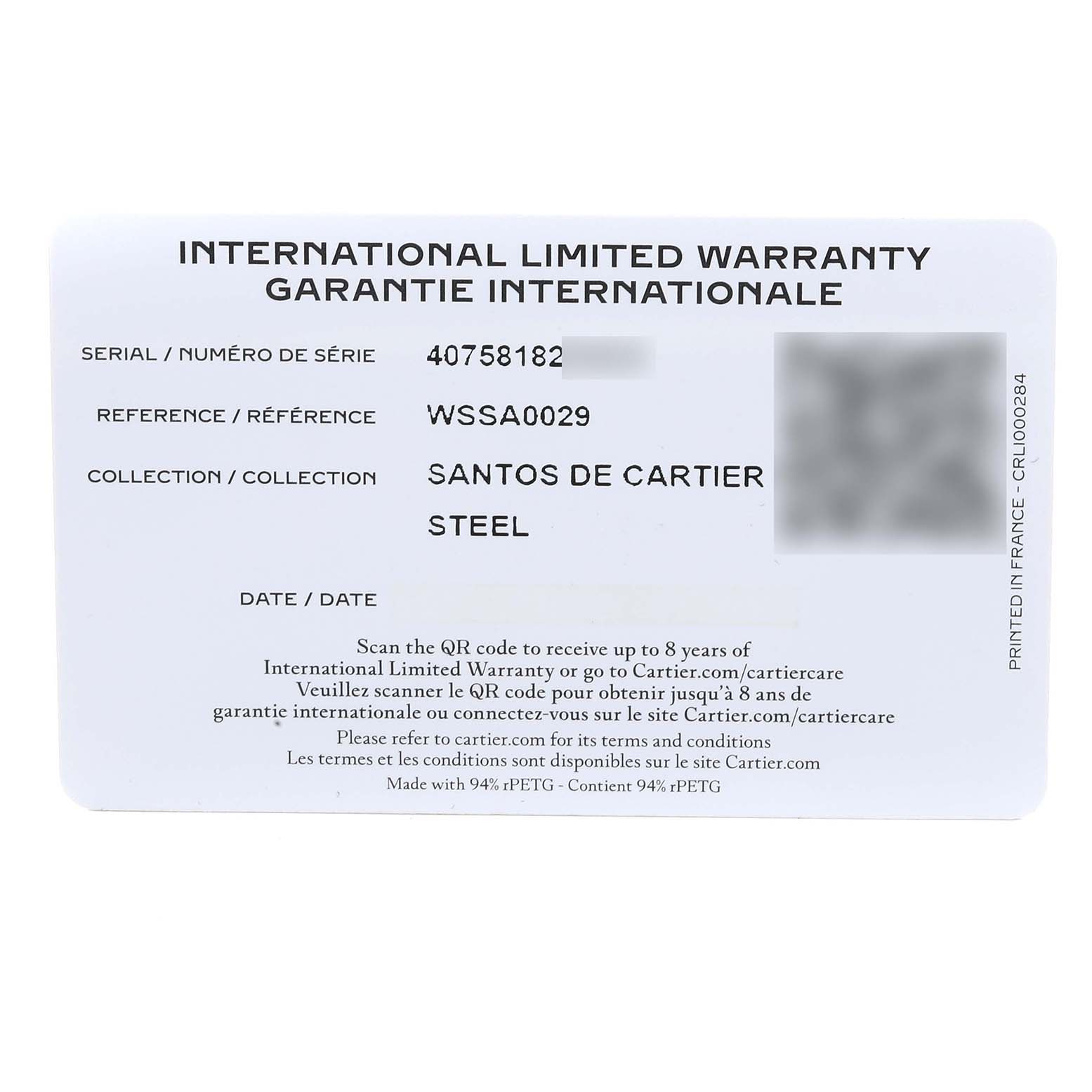 The image shows an International Limited Warranty card for the Santos de Cartier watch model by Cartier, made of steel.