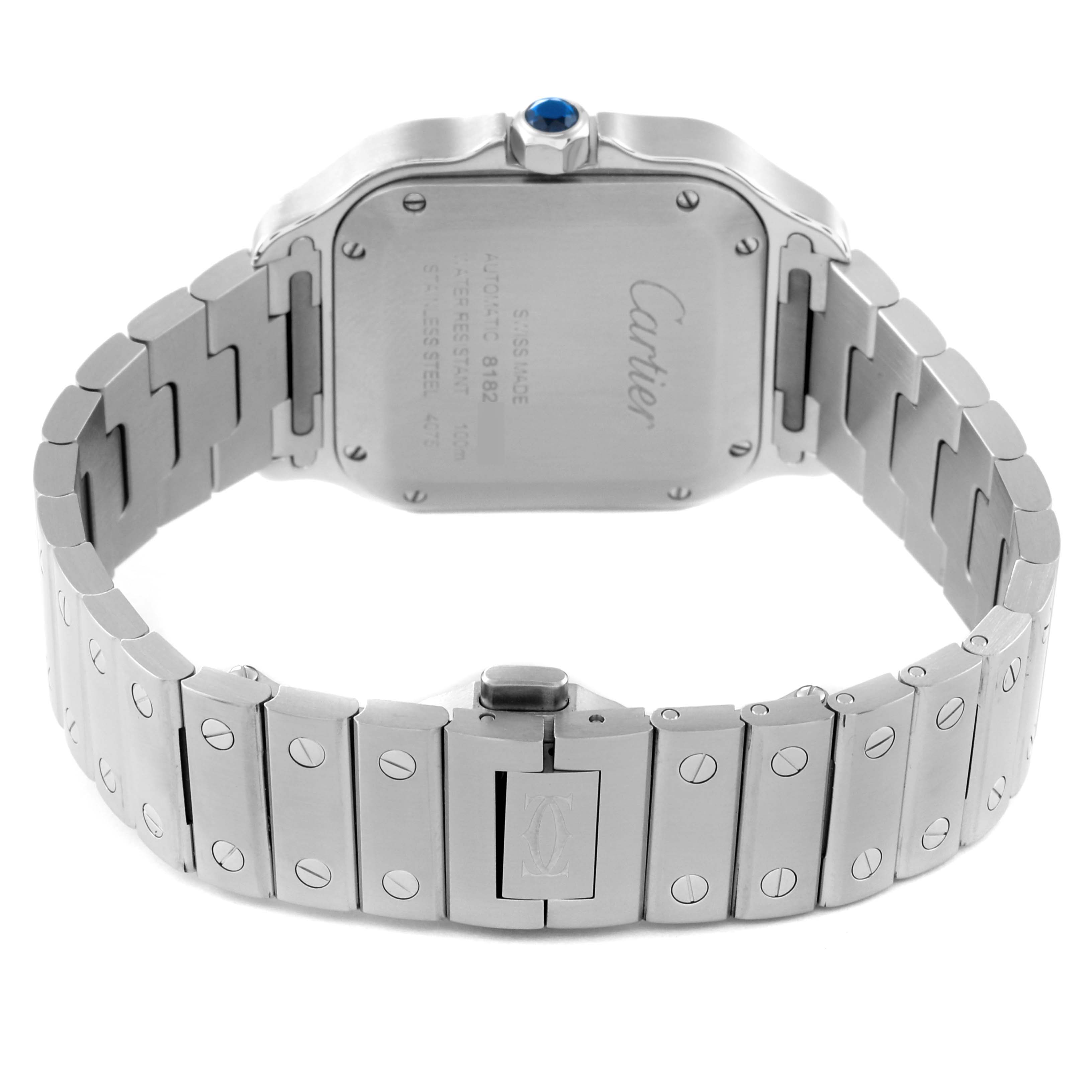 The image shows the back case and bracelet of a Cartier Santos WSSA0029 Men
s Stainless Steel Silver Dial WSSA0029 Men
s Stainless Steel Silver Dial watch at an angled rear view.