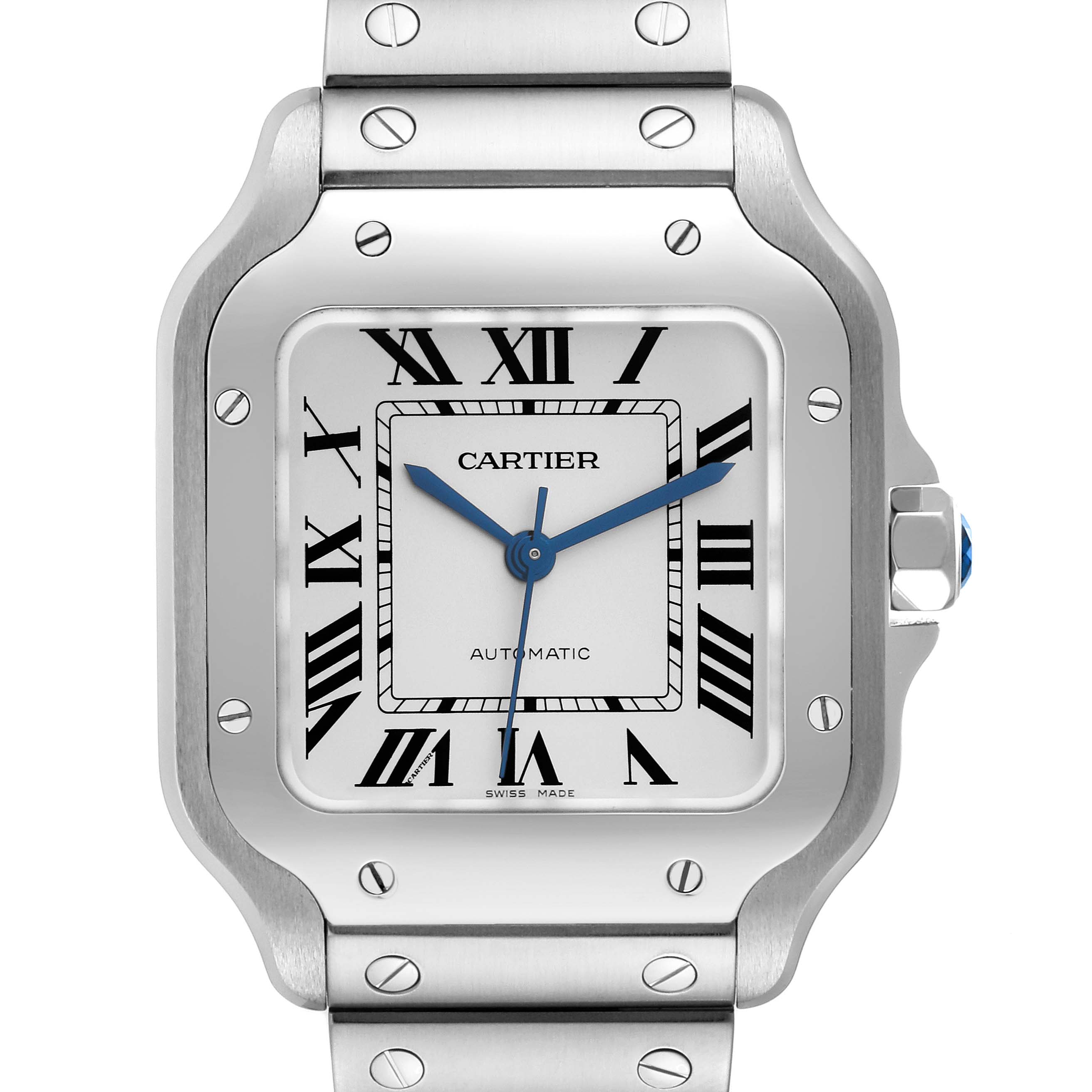 The image shows a close-up, front view of the Cartier Santos WSSA0029 Men
s Stainless Steel Silver Dial WSSA0029 Men
s Stainless Steel Silver Dial model watch, focusing on its dial and part of the bracelet.