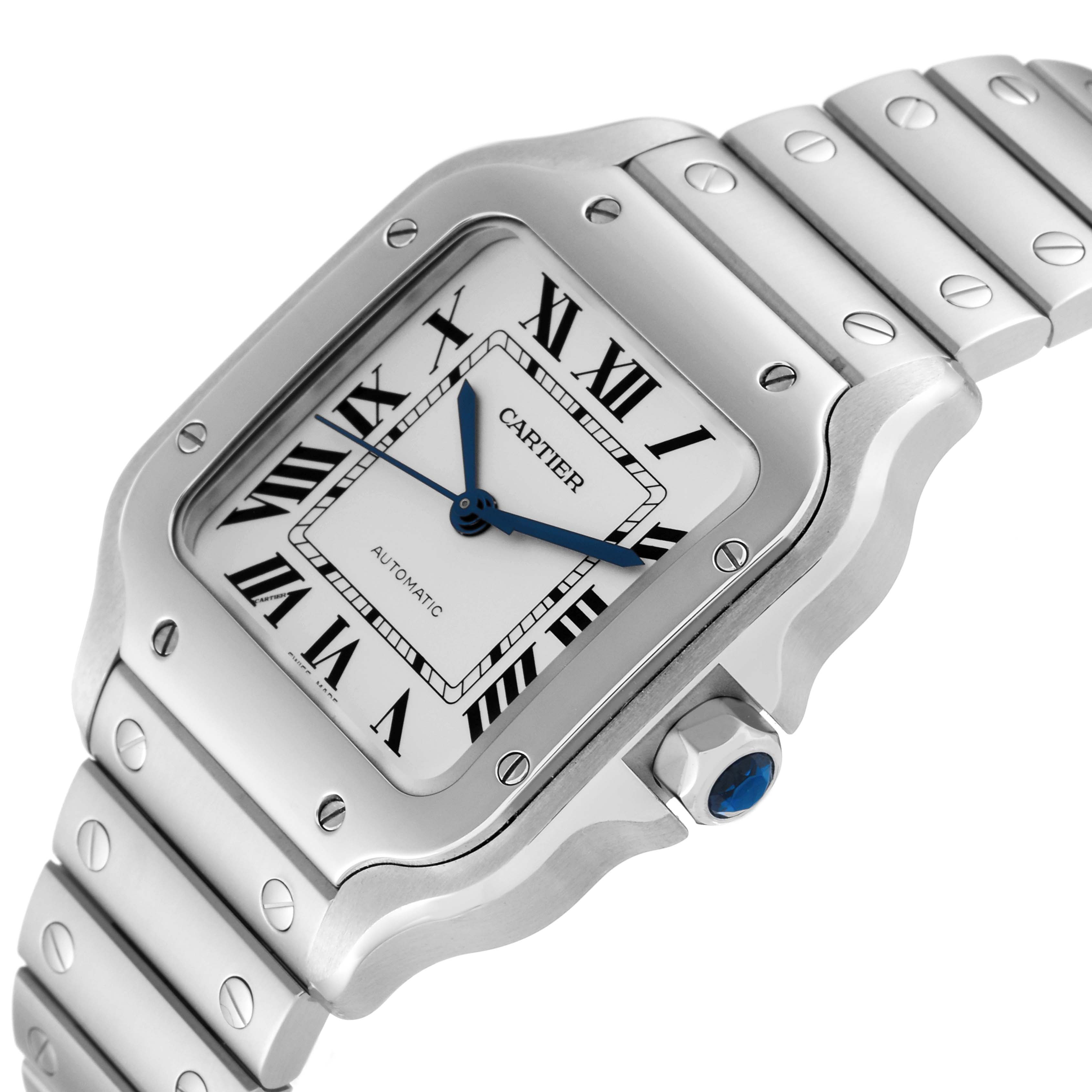 This image displays a close-up of the Cartier Santos WSSA0029 Men
s Stainless Steel Silver Dial WSSA0029 Men
s Stainless Steel Silver Dial watch showing the face, band, bezel, and crown at an angle.