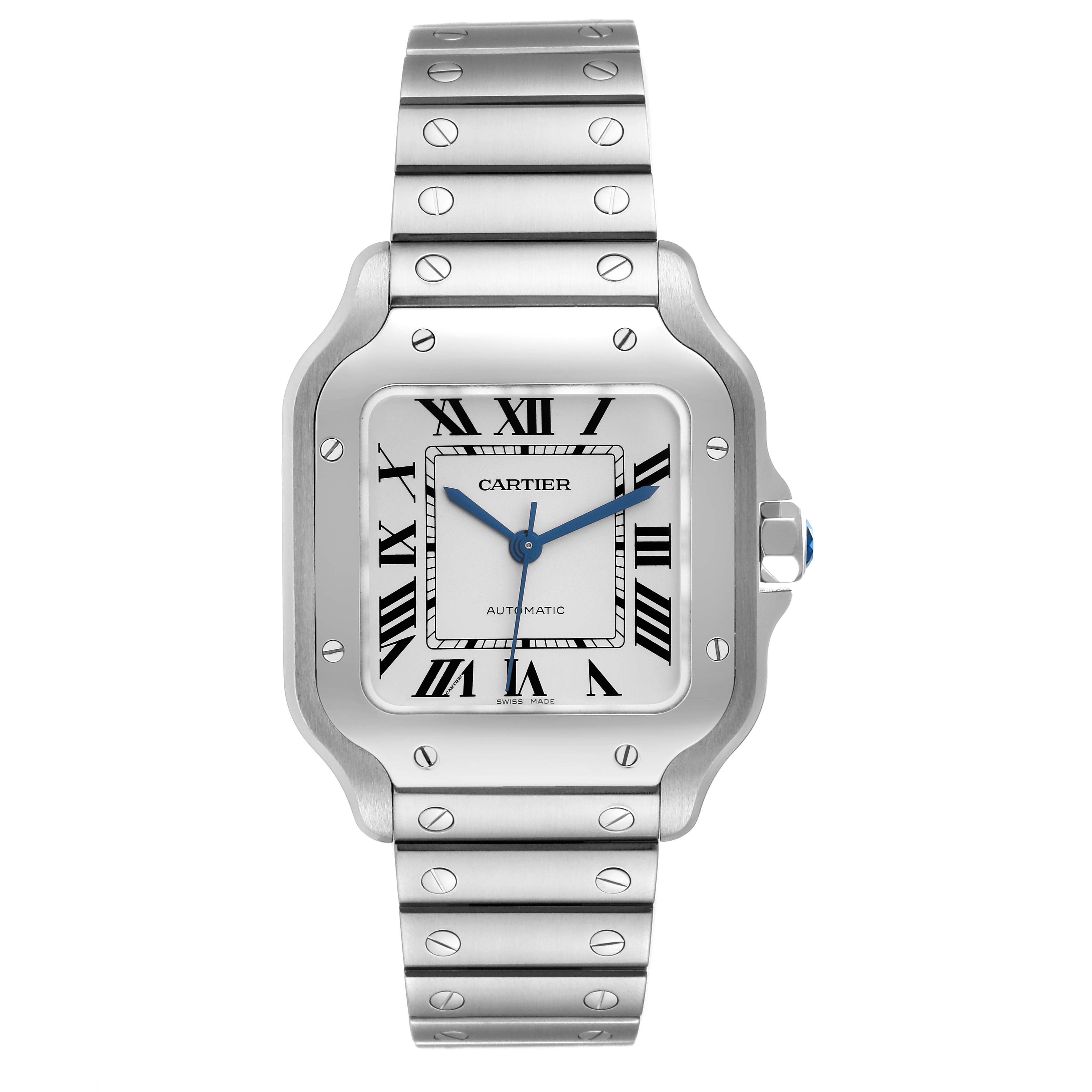 The image shows a front view of a Santos model by Cartier, displaying its face and bracelet.