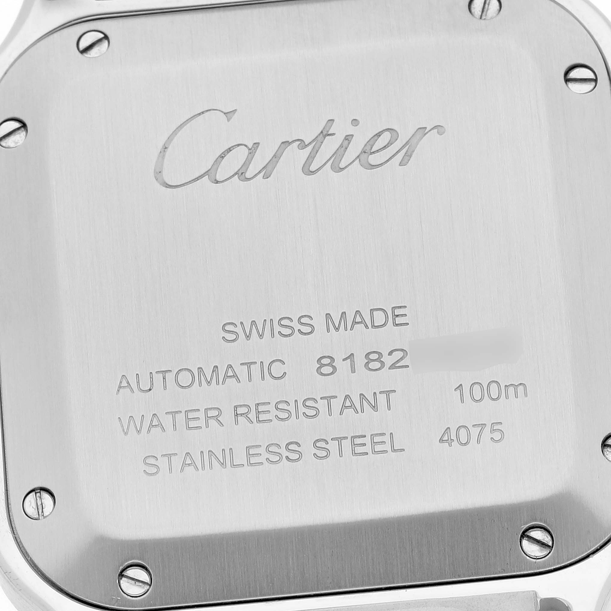 This image shows the back case of a Santos model by Cartier, displaying specifications.
