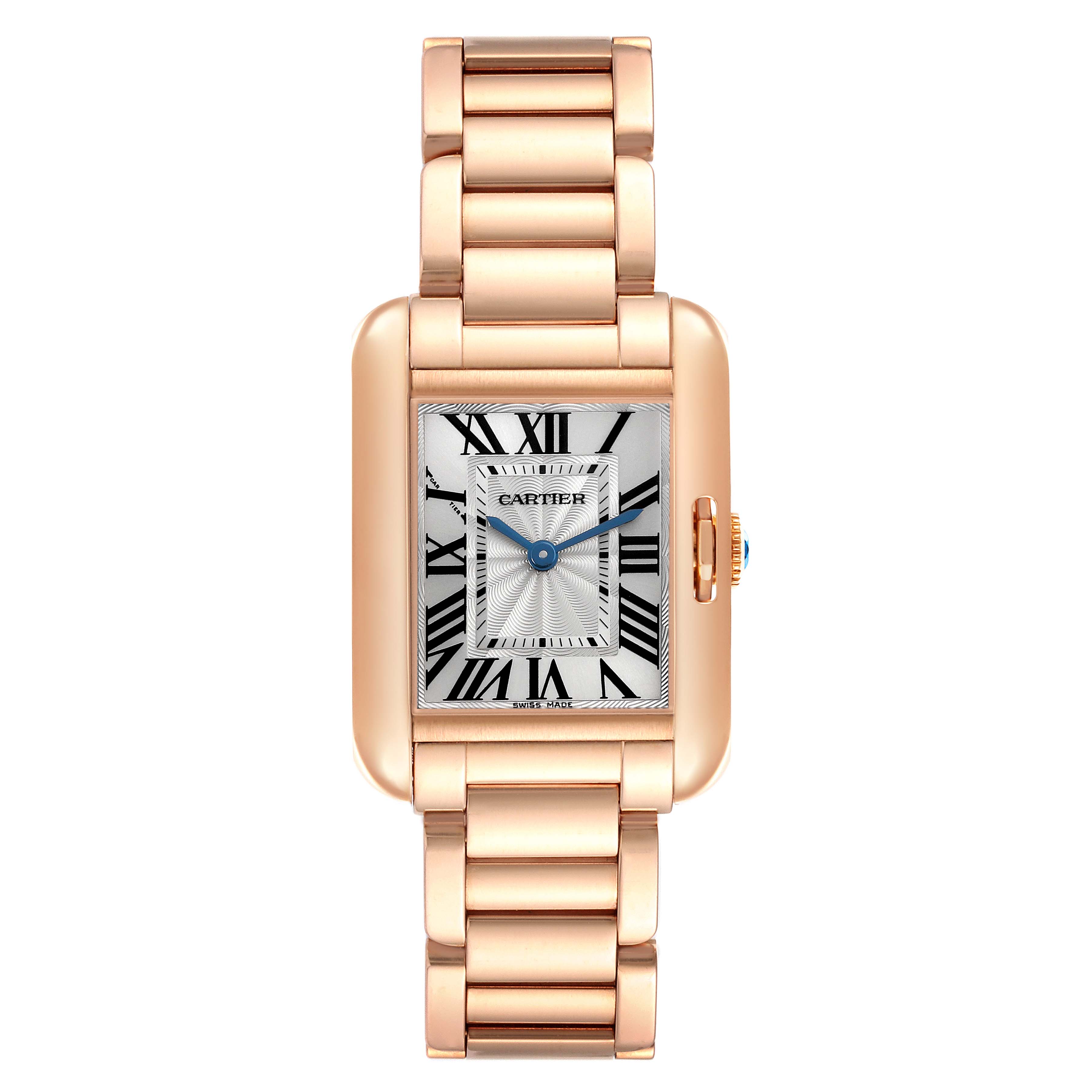 The Cartier Tank Anglaise W5310013 Women
s Rose Gold Silver Dial W5310013 Women
s Rose Gold Silver Dial watch is shown straight on, highlighting the face, case, and bracelet.
