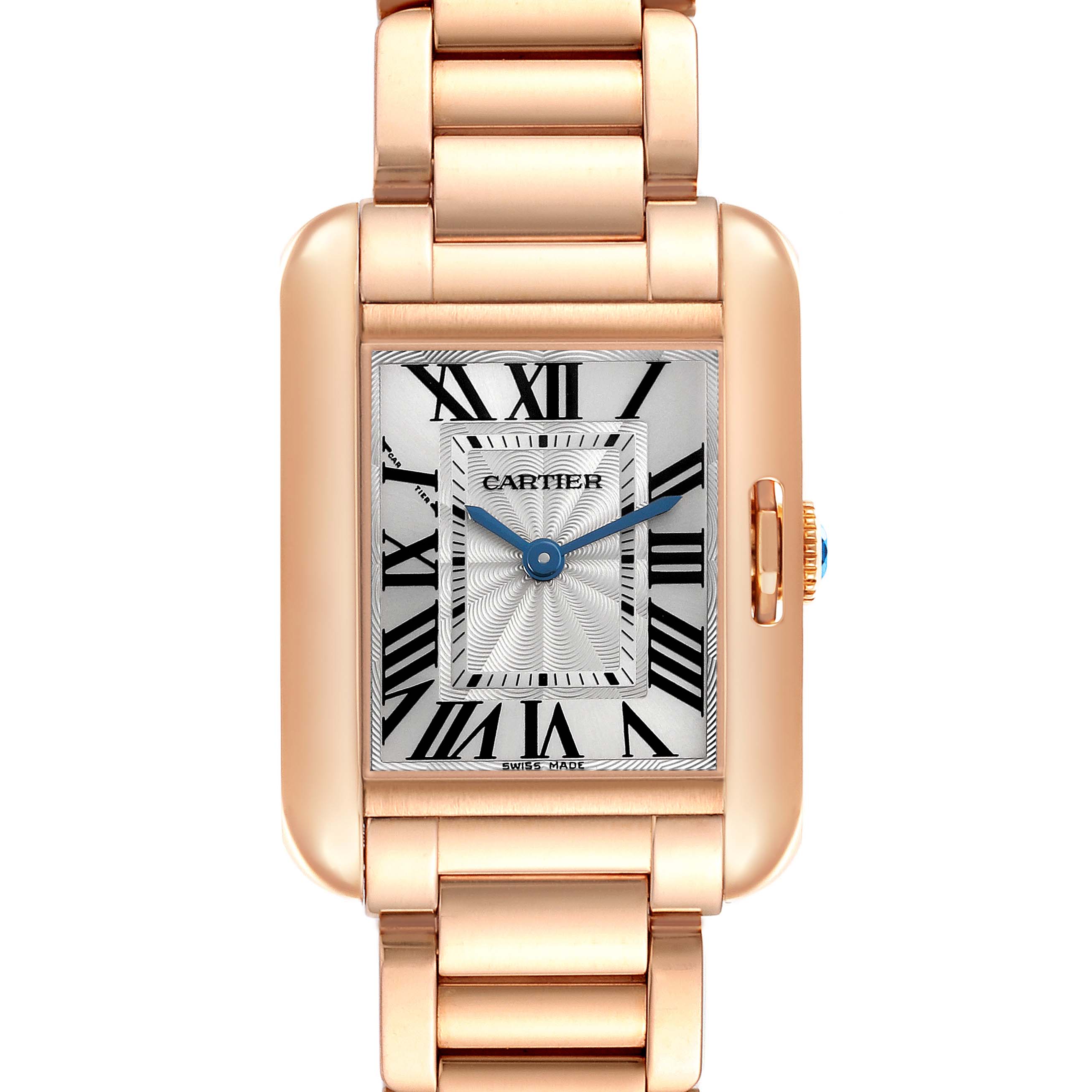 The Cartier Tank Anglaise W5310013 Women
s Rose Gold Silver Dial W5310013 Women
s Rose Gold Silver Dial watch is shown from a front angle, highlighting the face, Roman numerals, and metal bracelet.