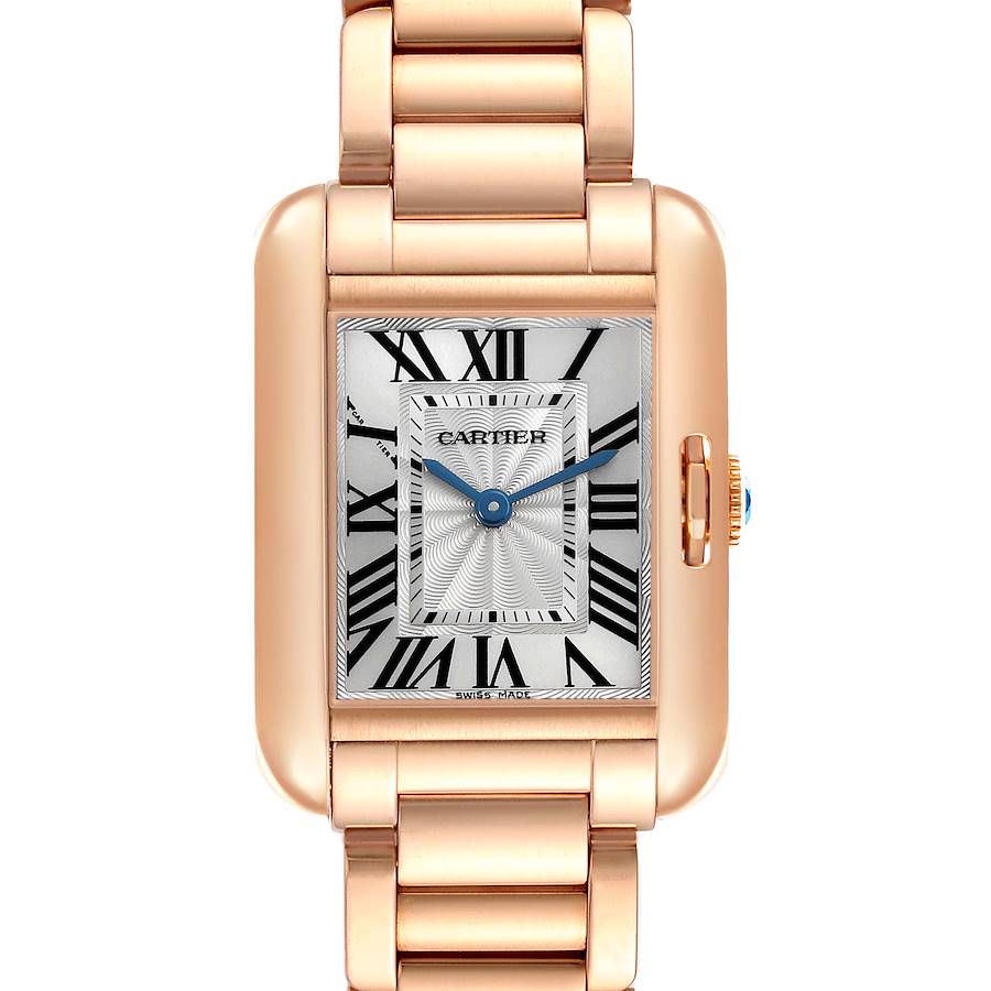 The Cartier Tank Anglaise watch is shown from a front angle, highlighting the face, Roman numerals, and metal bracelet.