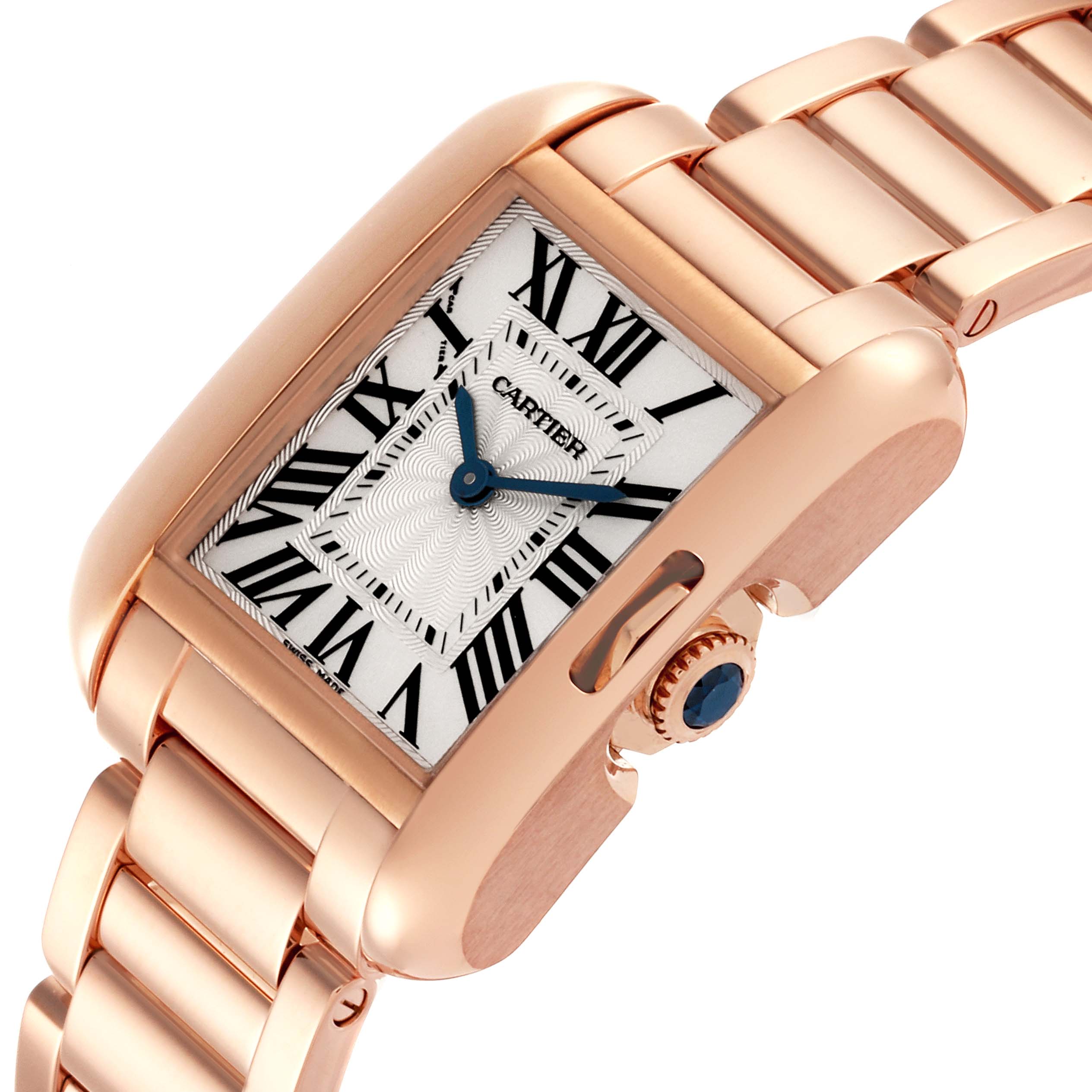 The Cartier Tank Anglaise W5310013 Women
s Rose Gold Silver Dial W5310013 Women
s Rose Gold Silver Dial watch is shown at an angled view, highlighting the case, face with Roman numerals, crown, and bracelet.