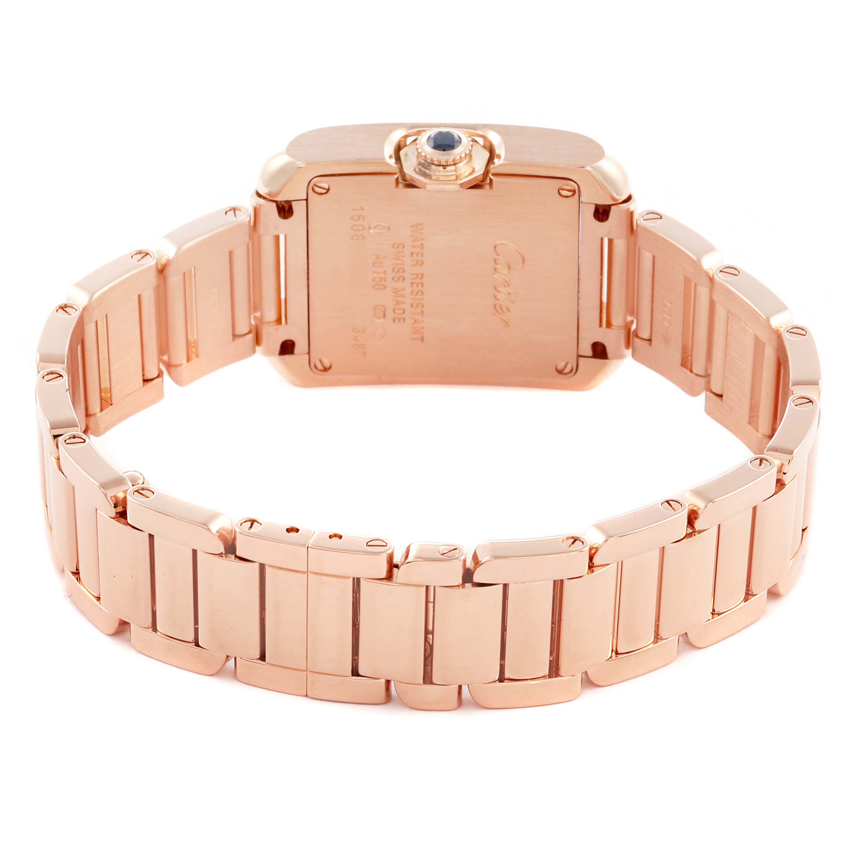 The image shows the back of the Cartier Tank Anglaise W5310013 Women
s Rose Gold Silver Dial W5310013 Women
s Rose Gold Silver Dial watch, highlighting the case back and bracelet links.