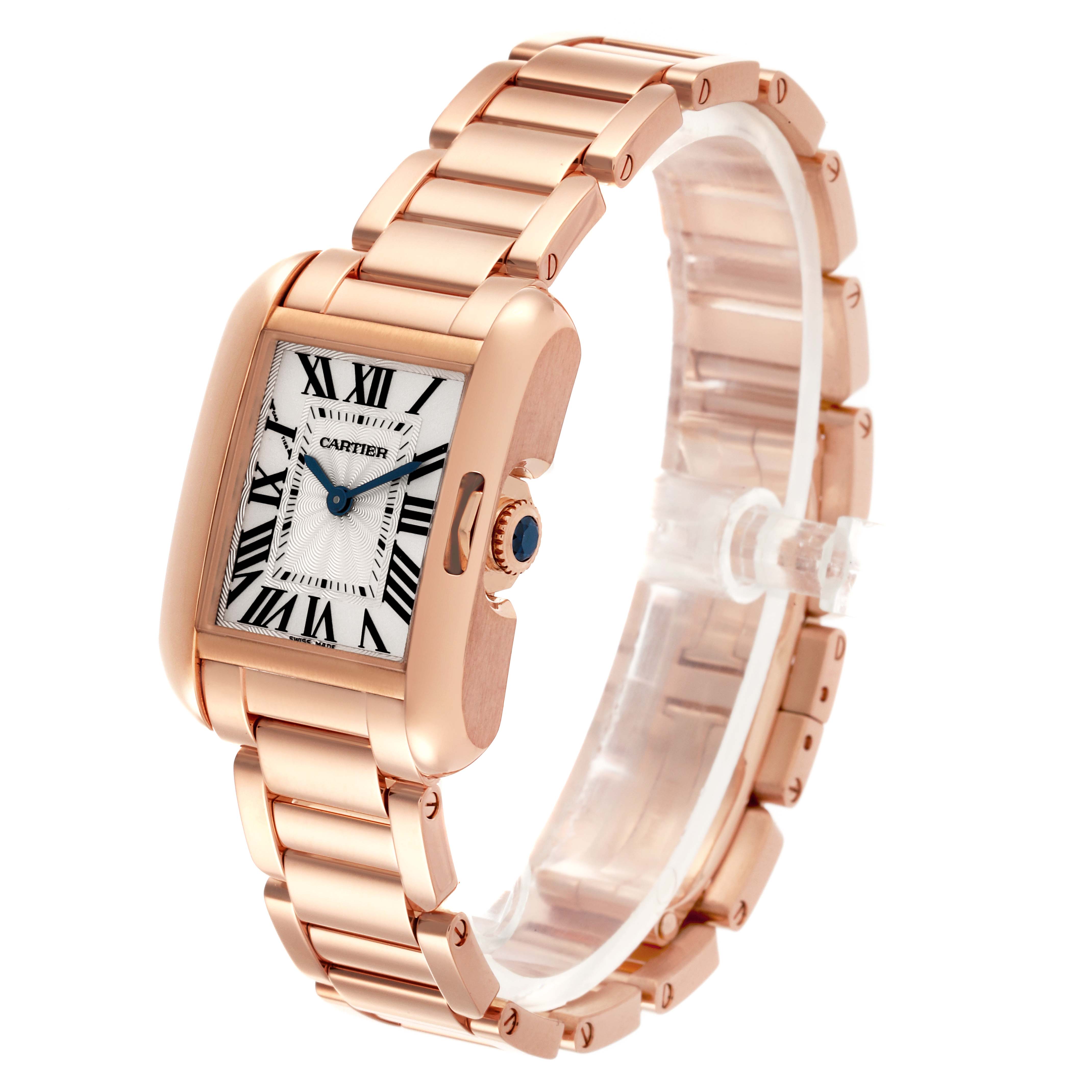 The Cartier Tank Anglaise W5310013 Women
s Rose Gold Silver Dial W5310013 Women
s Rose Gold Silver Dial watch is shown in a three-quarter view, highlighting the face, crown, and bracelet.