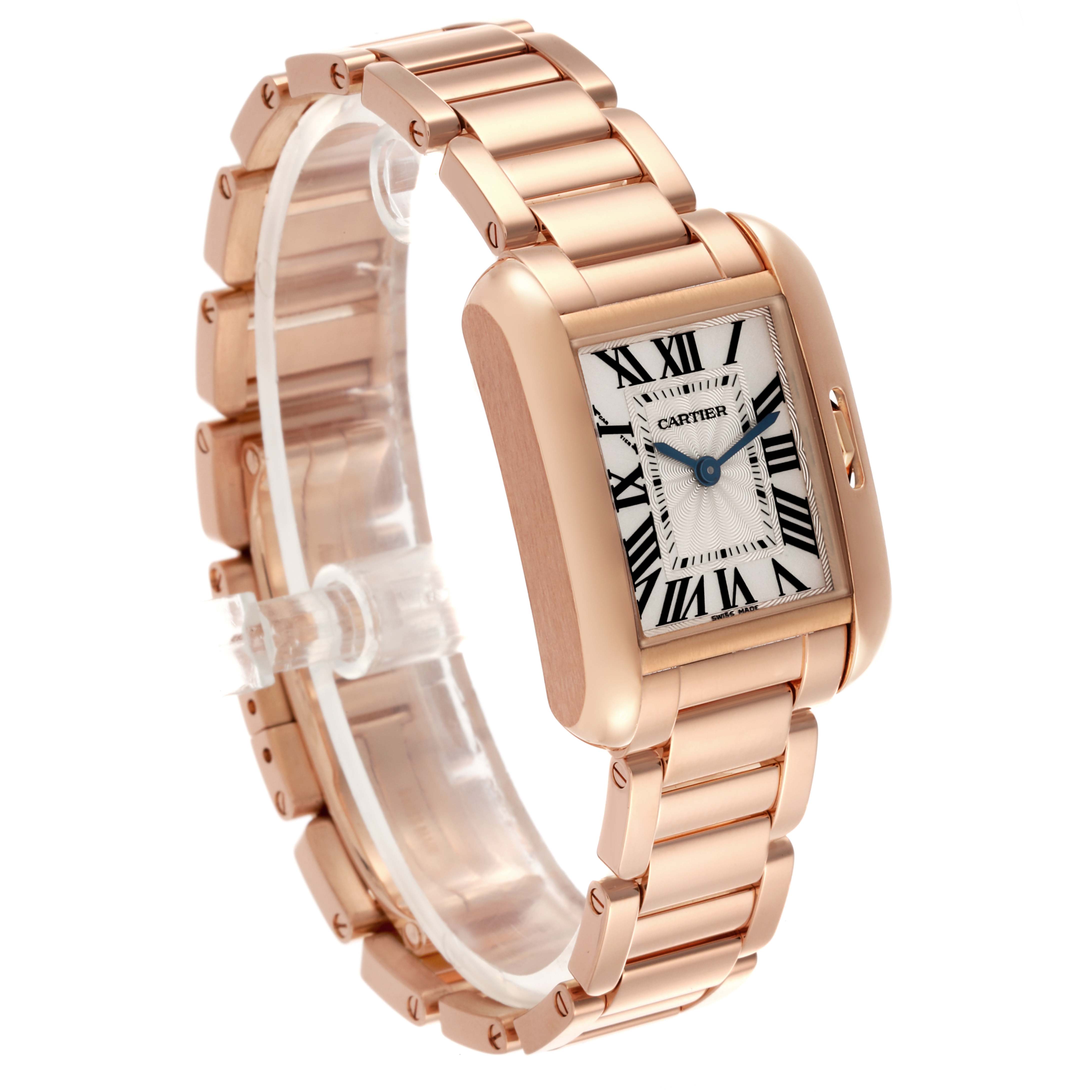 The image shows a Cartier Tank Anglaise W5310013 Women
s Rose Gold Silver Dial W5310013 Women
s Rose Gold Silver Dial watch at a three-quarter angle, highlighting the rose gold case, bracelet, and face.