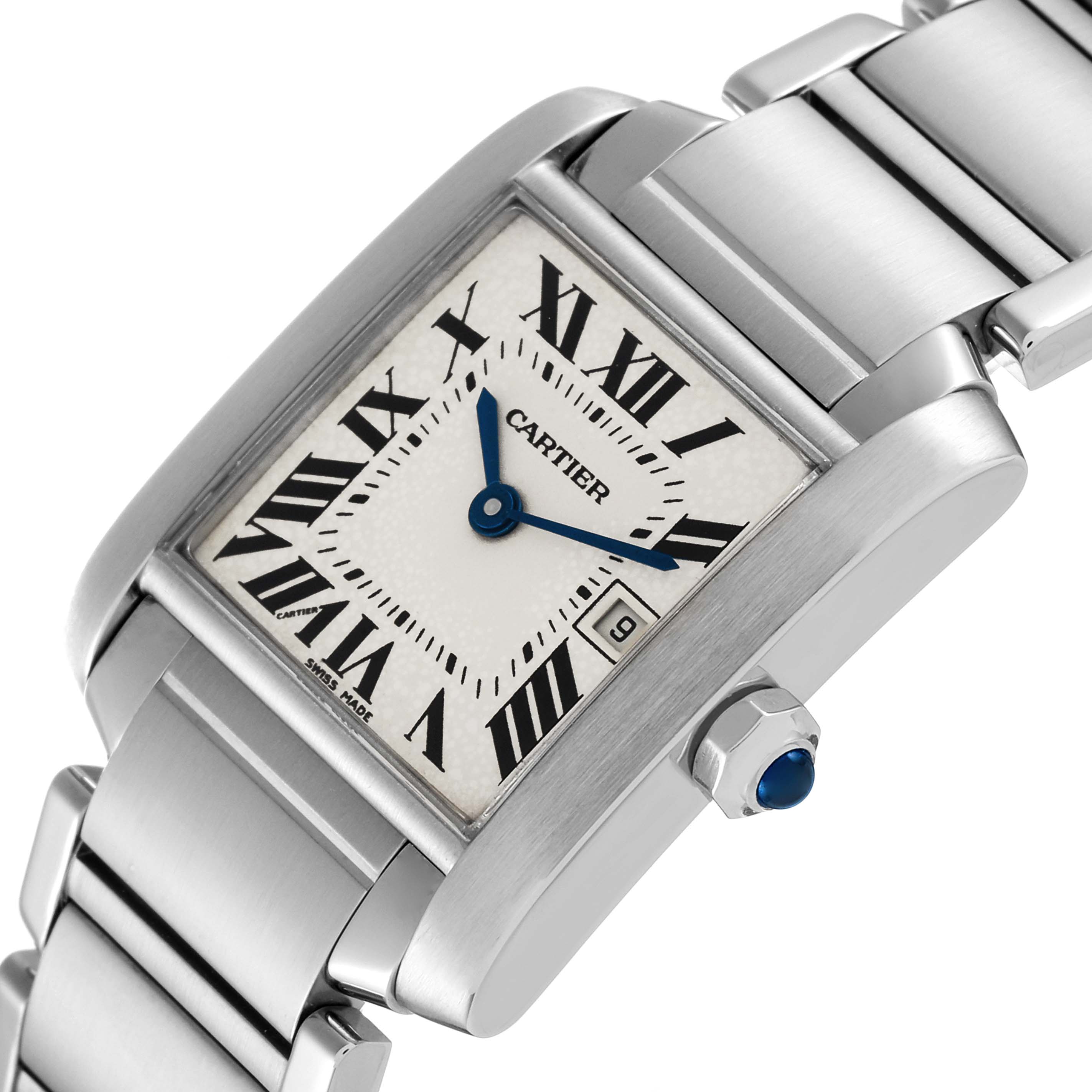The image shows a close-up angle of the dial and bracelet of a Cartier Tank Francaise W51011Q3 Men's Stainless Steel Silver Dial W51011Q3 Men's Stainless Steel Silver Dial watch.