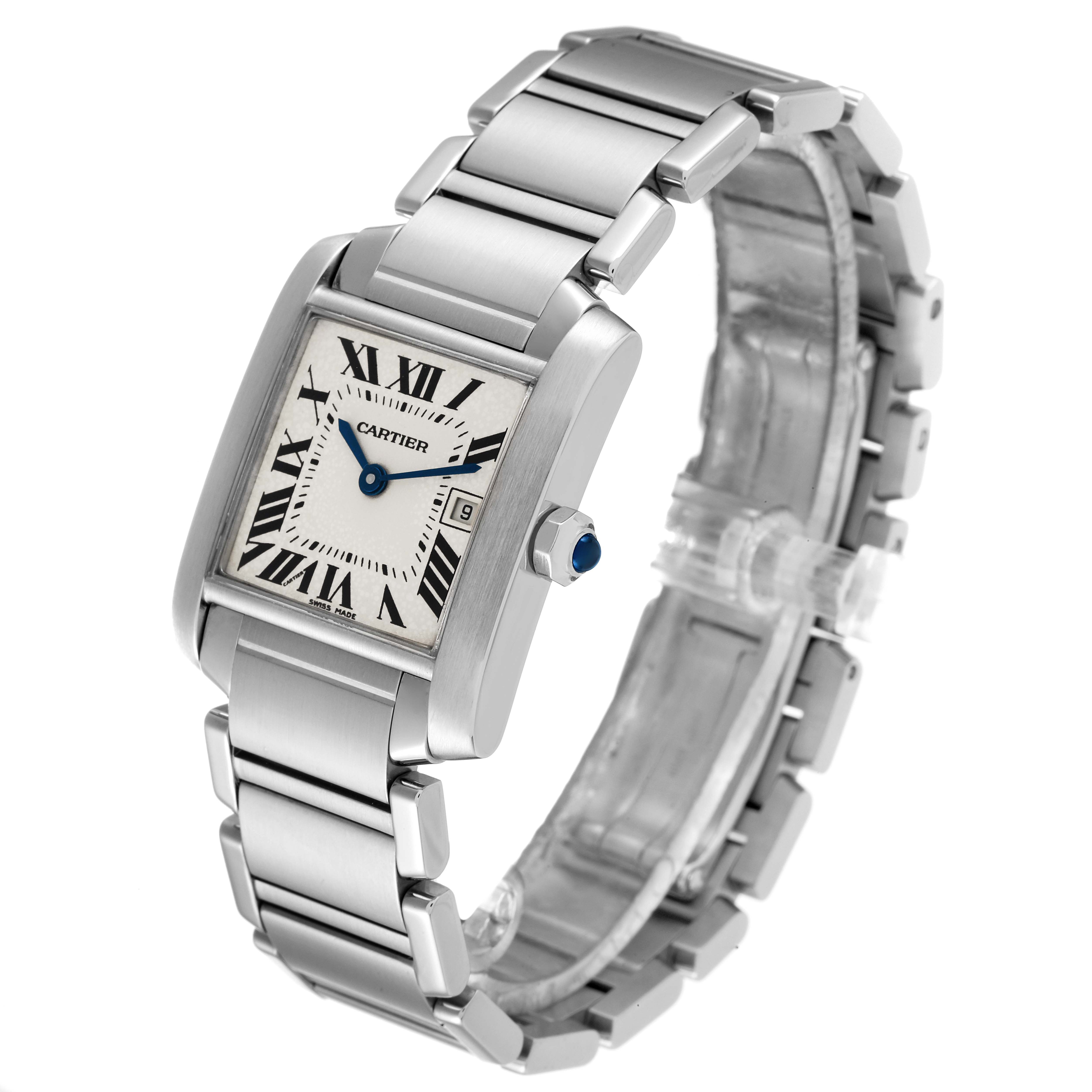 The Cartier Tank Francaise W51011Q3 Men's Stainless Steel Silver Dial W51011Q3 Men's Stainless Steel Silver Dial watch is shown at an angle displaying the face, bezel, metal strap, and crown.