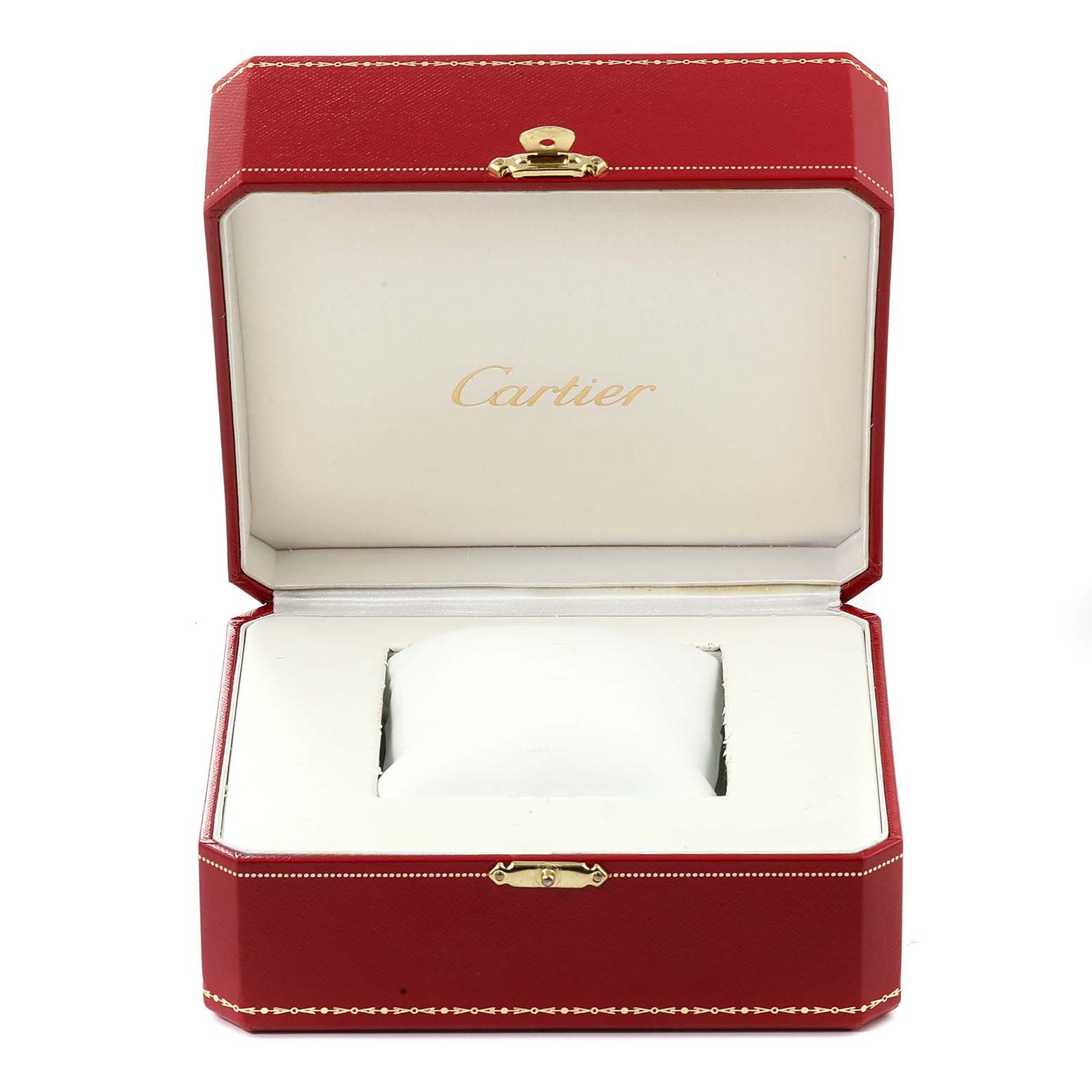 The image shows an open Cartier watch box for a Tank Francaise model, displaying the Cartier logo inside.