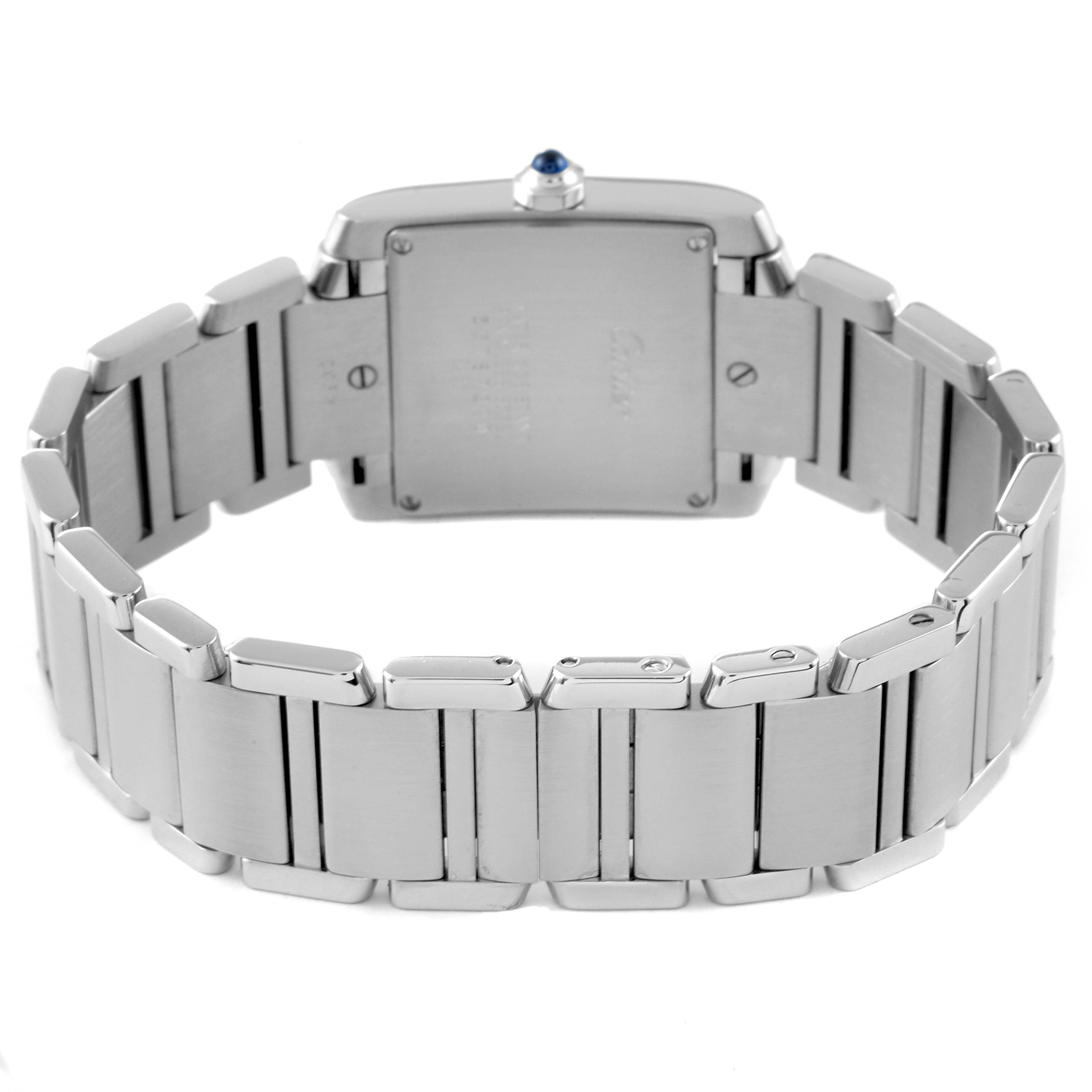 The image shows the back view and bracelet of a Cartier Tank Francaise W51011Q3 Men's Stainless Steel Silver Dial W51011Q3 Men's Stainless Steel Silver Dial watch, highlighting the stainless steel links and clasp.