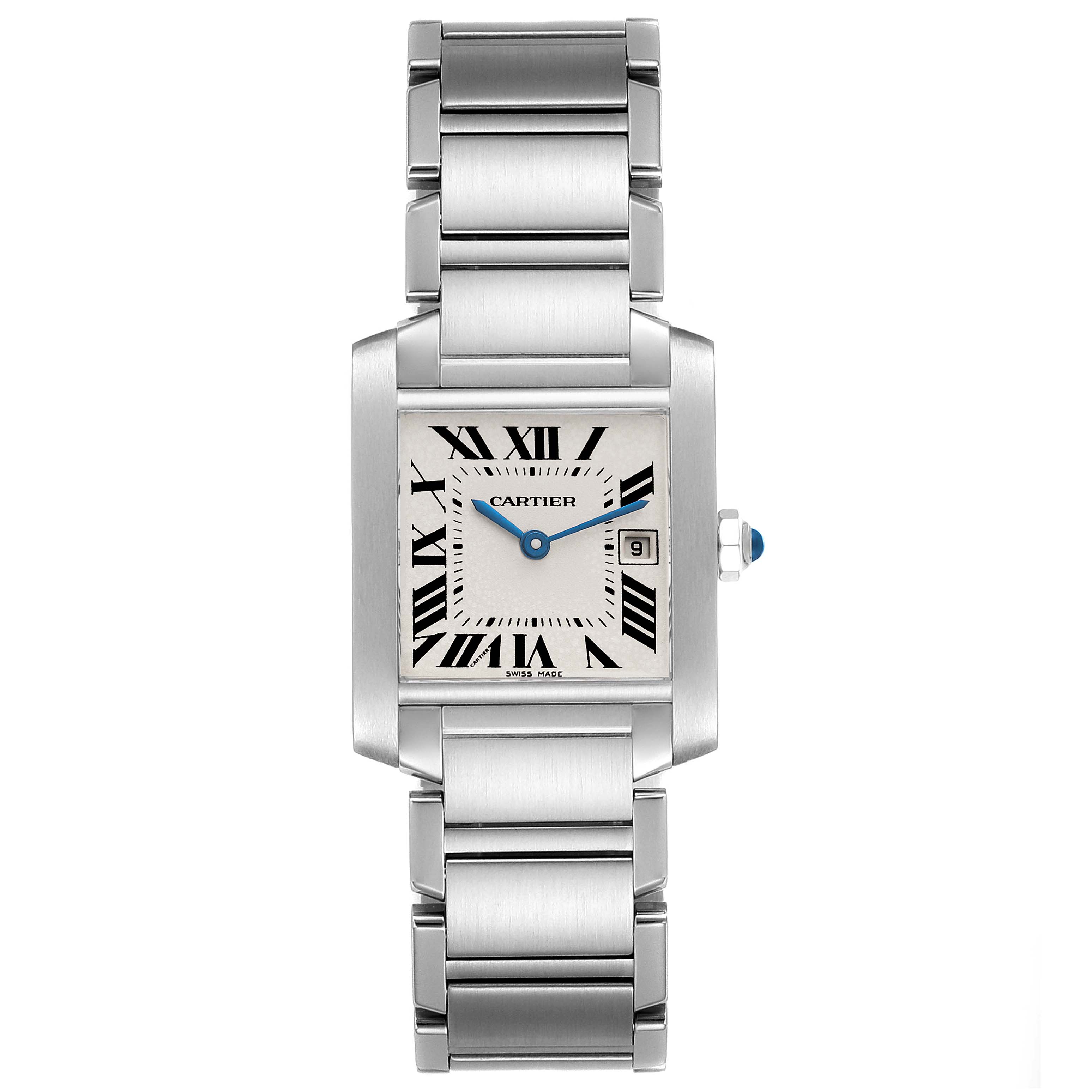 The Cartier Tank Francaise W51011Q3 Men's Stainless Steel Silver Dial W51011Q3 Men's Stainless Steel Silver Dial watch is shown from a top-down angle, displaying its face, bracelet, and side crown.