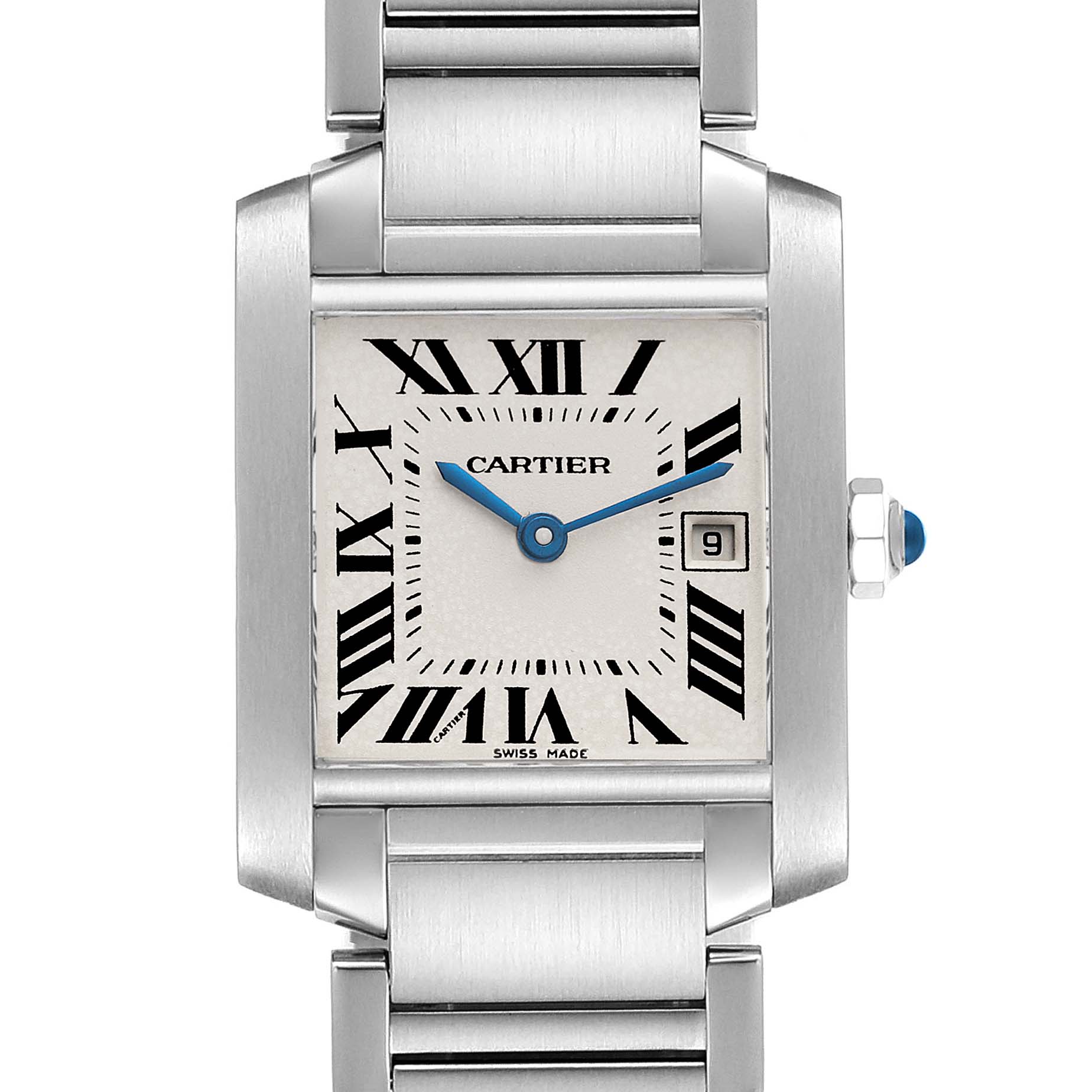 The image shows a front view of the Cartier Tank Francaise W51011Q3 Men's Stainless Steel Silver Dial W51011Q3 Men's Stainless Steel Silver Dial watch, highlighting the dial, bracelet, and crown.