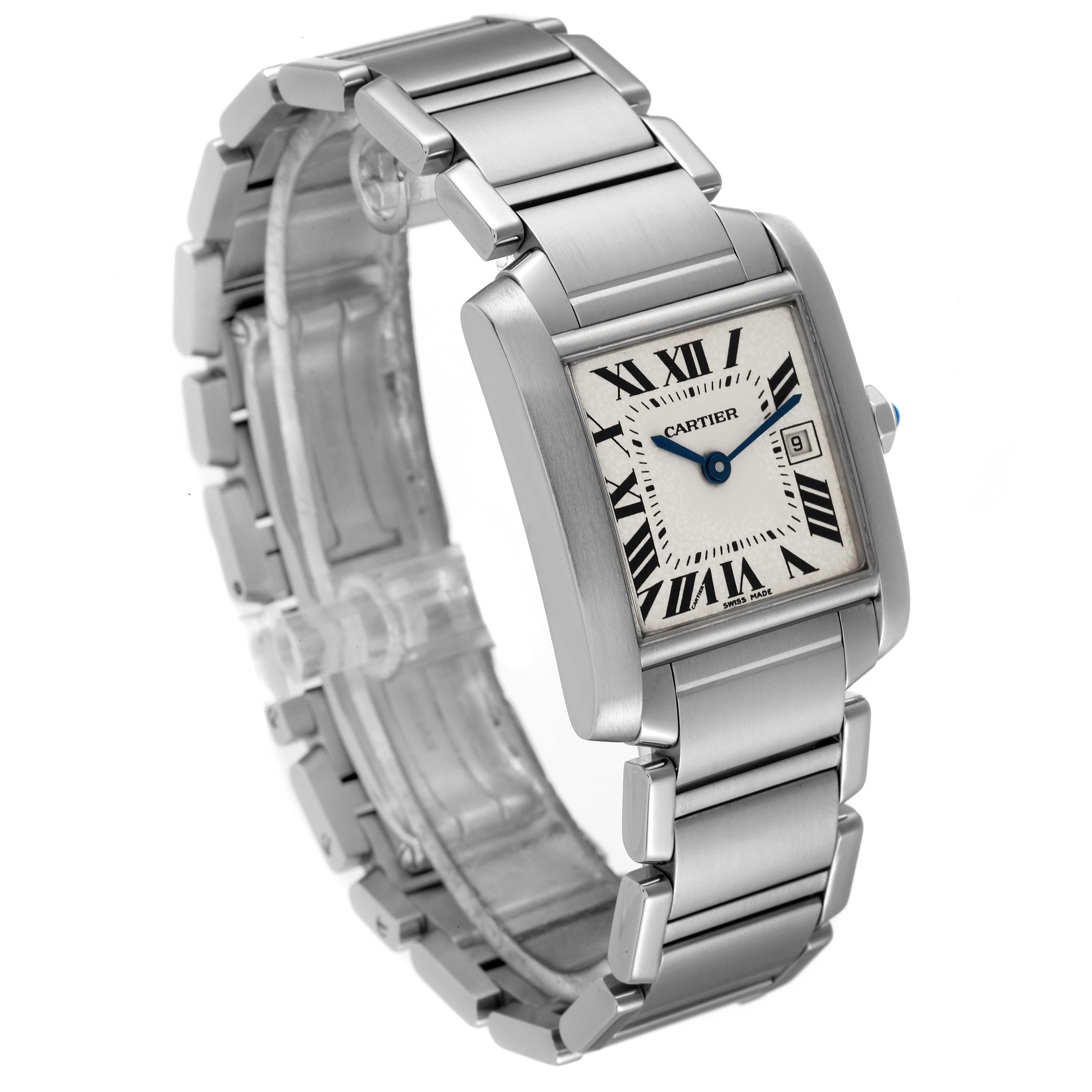 This image shows a Cartier Tank Française watch at a three-quarter angle, highlighting its rectangular dial, Roman numerals, and metal bracelet.
