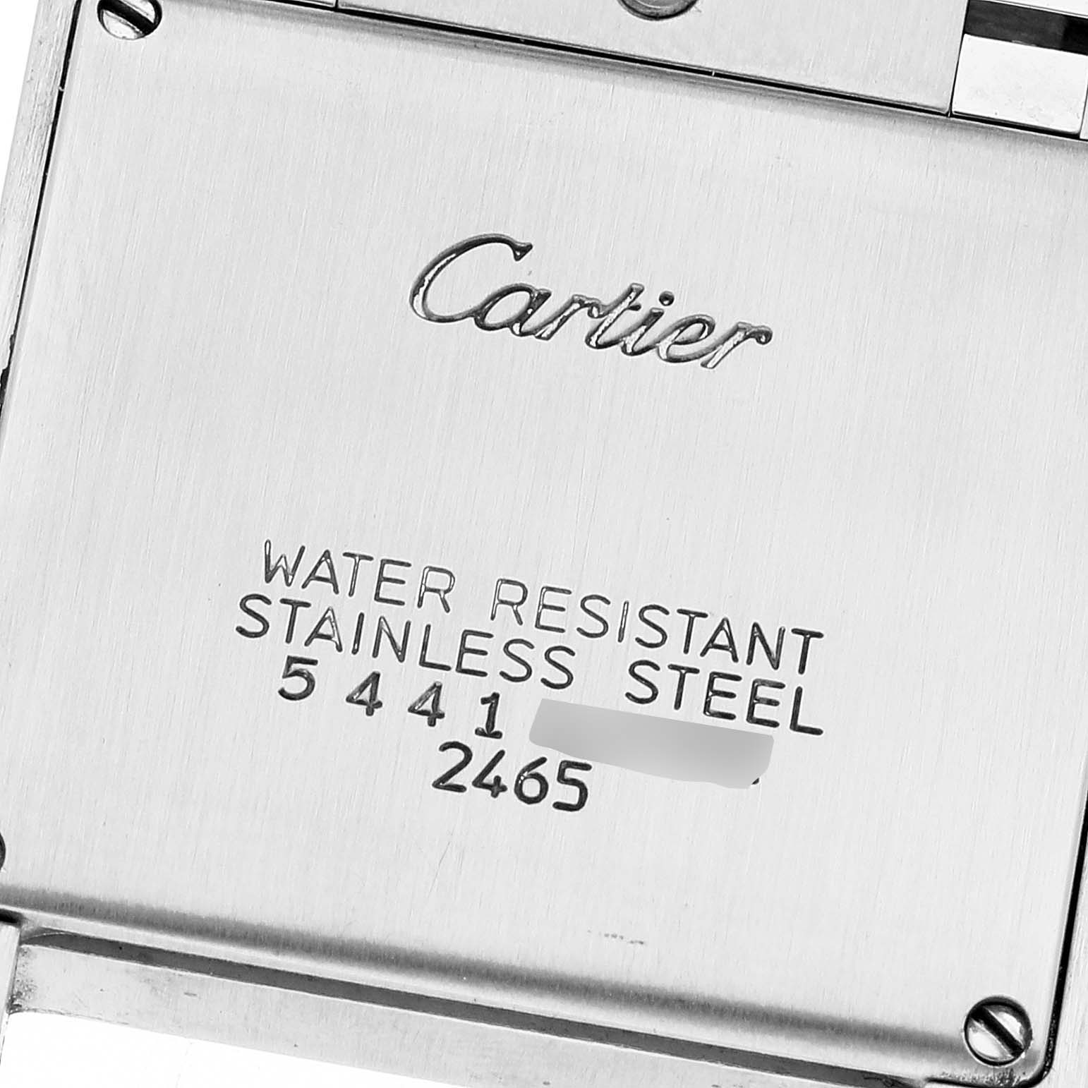 This image shows the back of the Cartier Tank Francaise W51011Q3 Women
s Stainless Steel Silver Dial W51011Q3 Women
s Stainless Steel Silver Dial watch, displaying the brand name, water resistance, and stainless steel information.