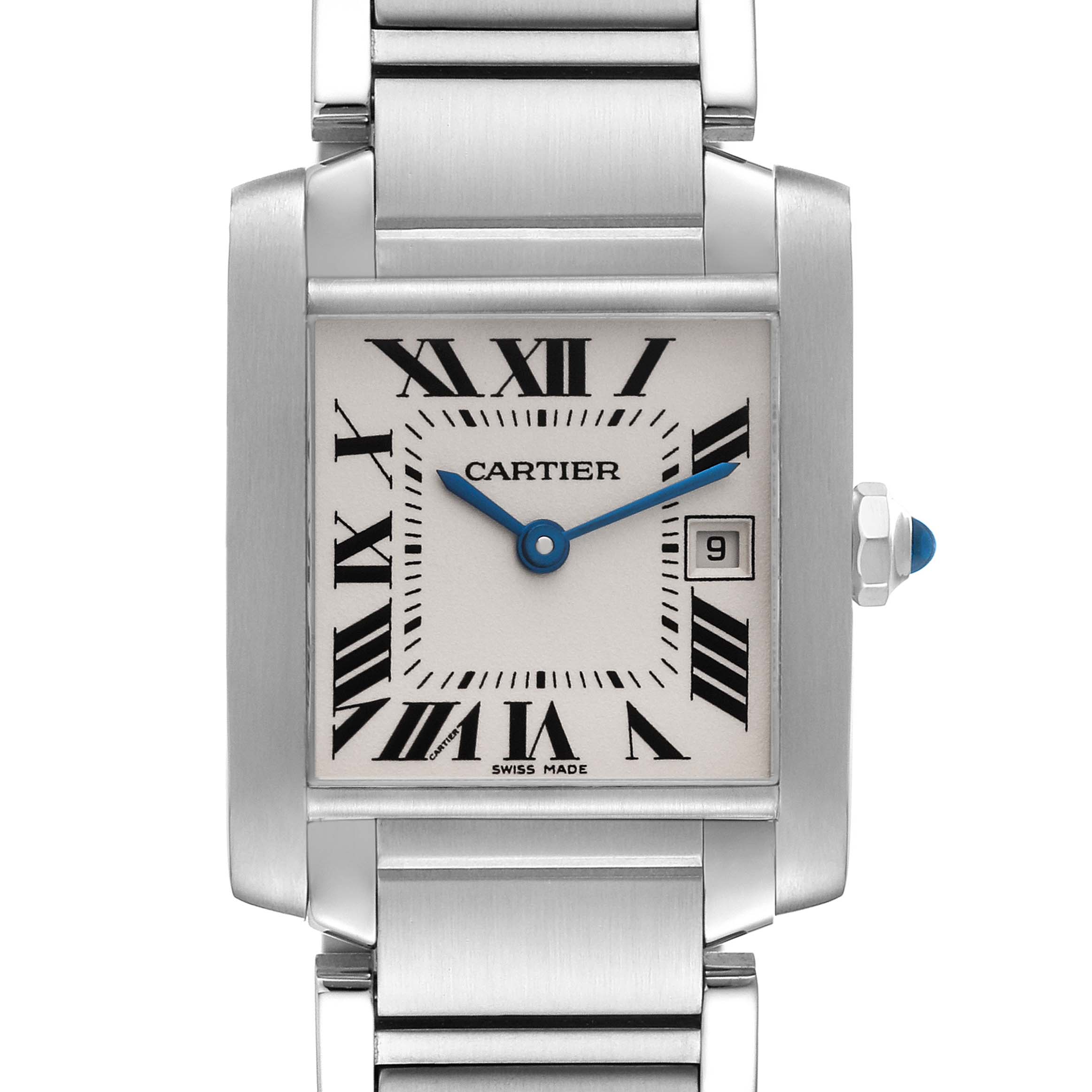 The image shows a frontal view of the Tank Française watch face and bracelet by Cartier.