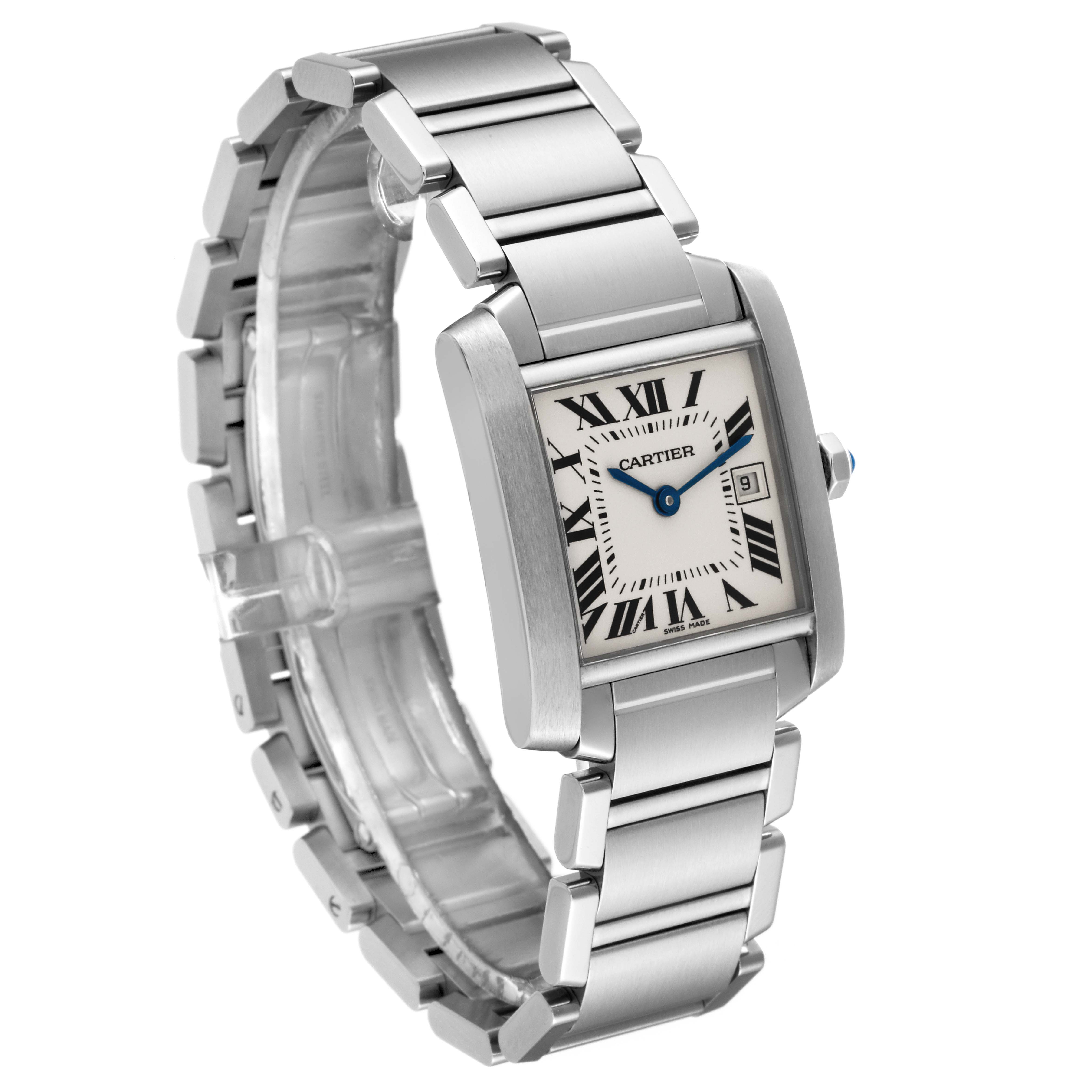 The image shows a Cartier Tank Francaise W51011Q3 Women
s Stainless Steel Silver Dial W51011Q3 Women
s Stainless Steel Silver Dial watch angled to display the metal bracelet and square face with Roman numerals.