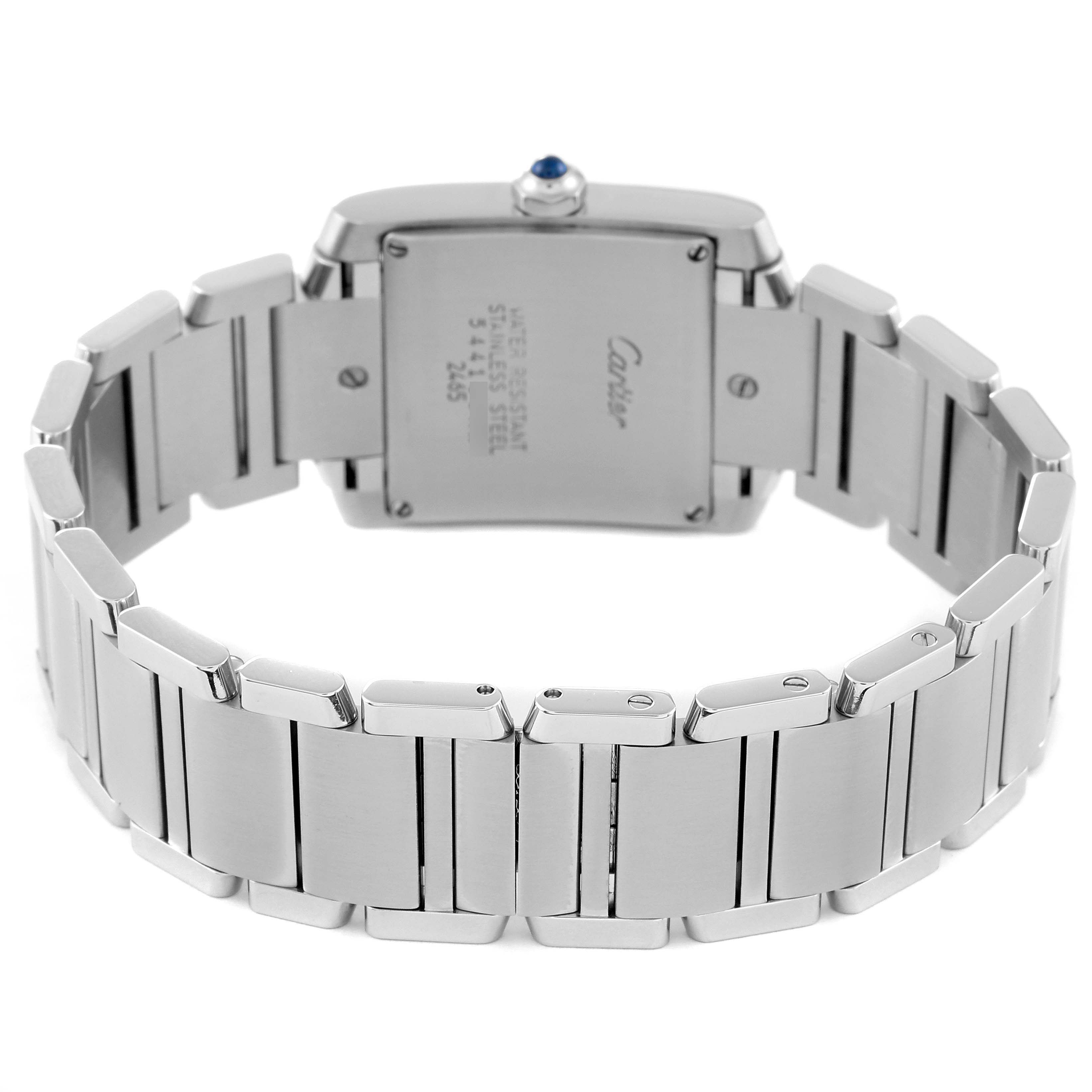 This image shows the back case and bracelet of the Cartier Tank Francaise W51011Q3 Women
s Stainless Steel Silver Dial W51011Q3 Women
s Stainless Steel Silver Dial watch at a rear angle.