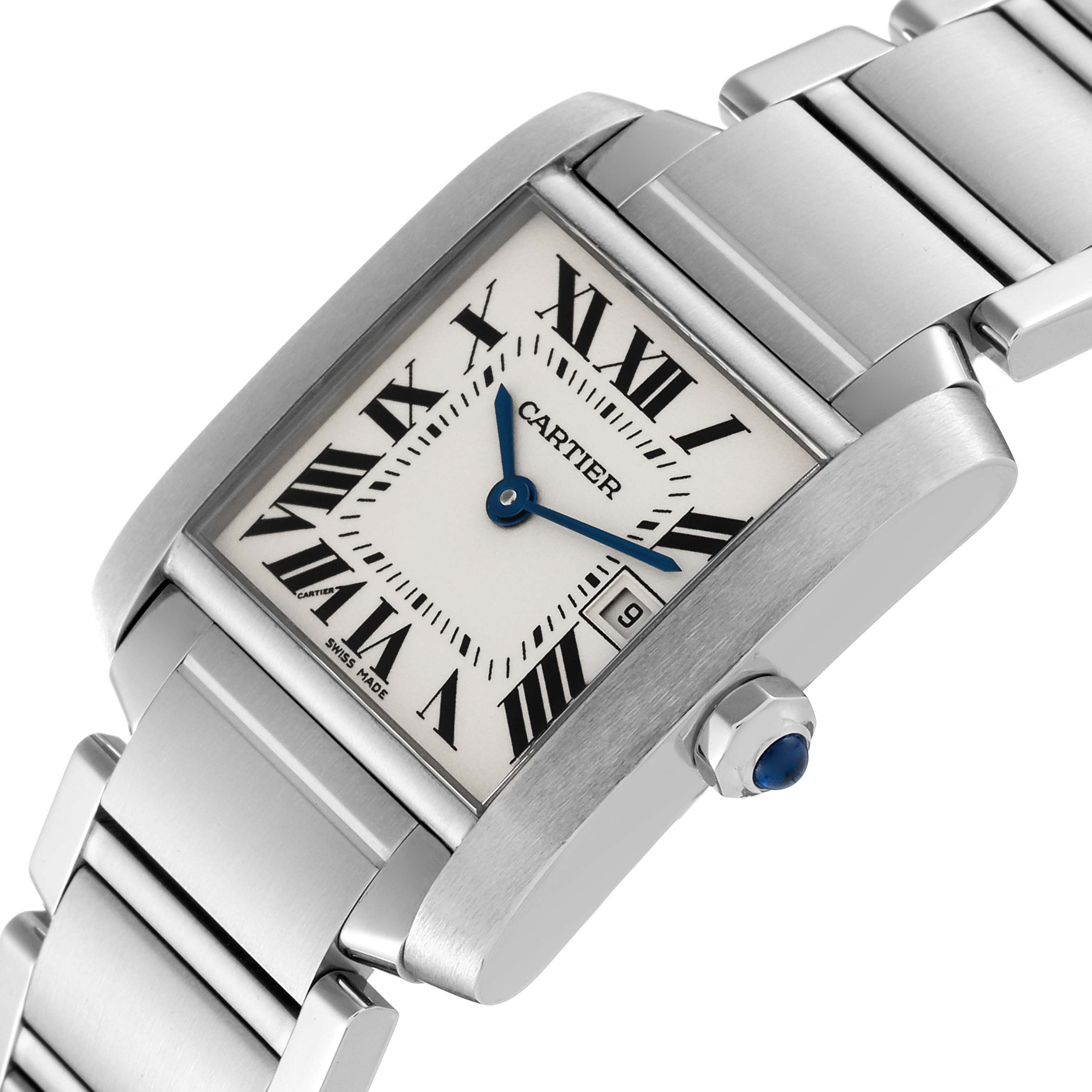 This image shows the Cartier Tank Francaise W51011Q3 Women
s Stainless Steel Silver Dial W51011Q3 Women
s Stainless Steel Silver Dial watch from a slightly tilted angle, highlighting the dial, crown, and bracelet.