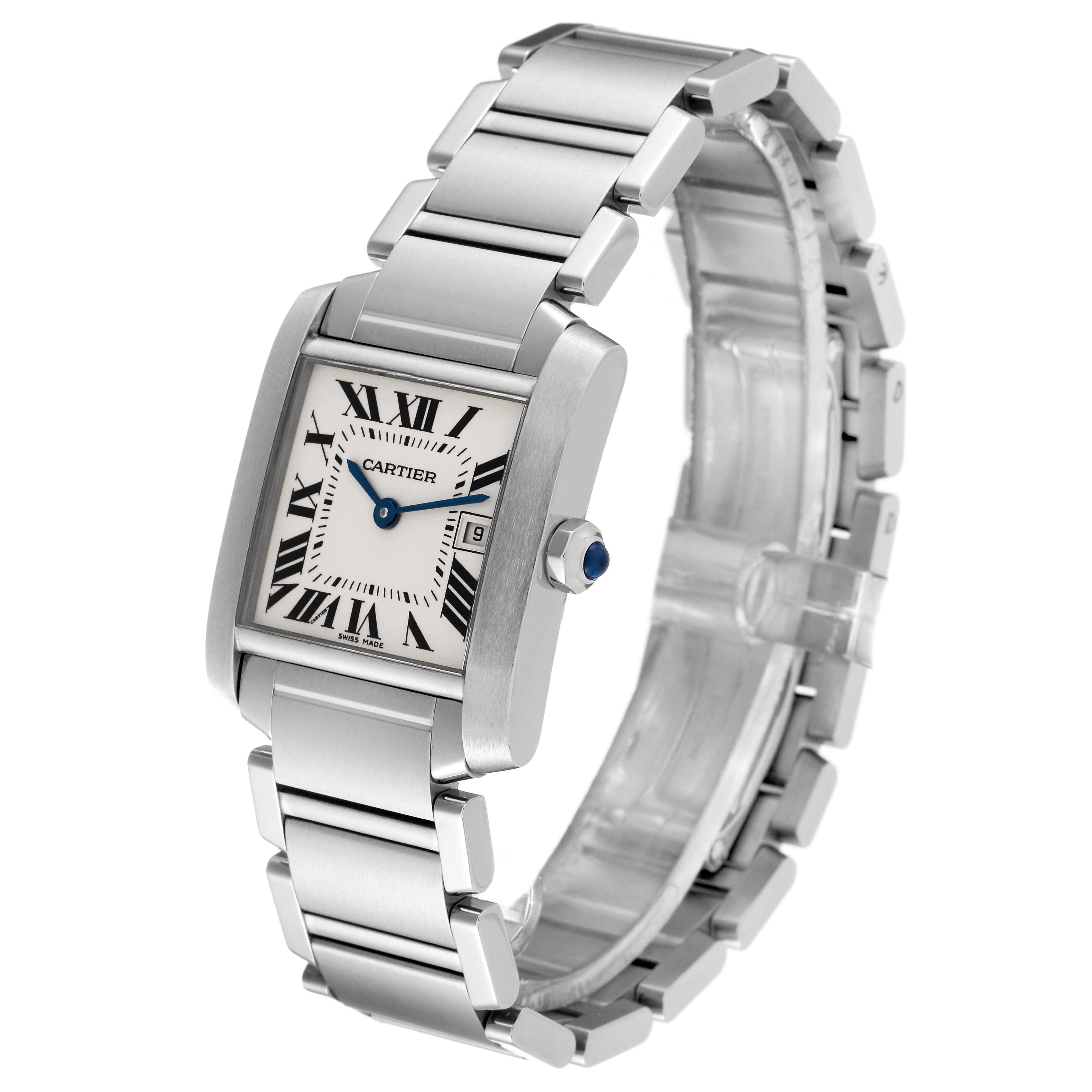 The Cartier Tank Francaise W51011Q3 Women
s Stainless Steel Silver Dial W51011Q3 Women
s Stainless Steel Silver Dial watch is shown from an oblique angle, displaying the face, bracelet, and crown.