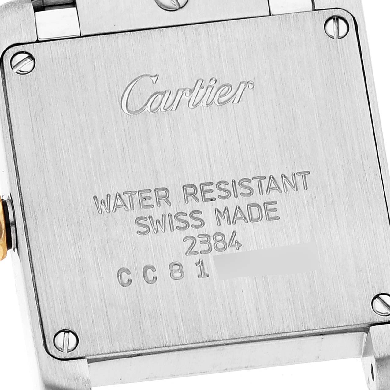 The image shows the back case of a Cartier Tank Francaise W51007Q4 Women's Steel and Gold (two tone) Silver Dial W51007Q4 Women's Steel and Gold (two tone) Silver Dial watch, highlighting the brand name and specifications.