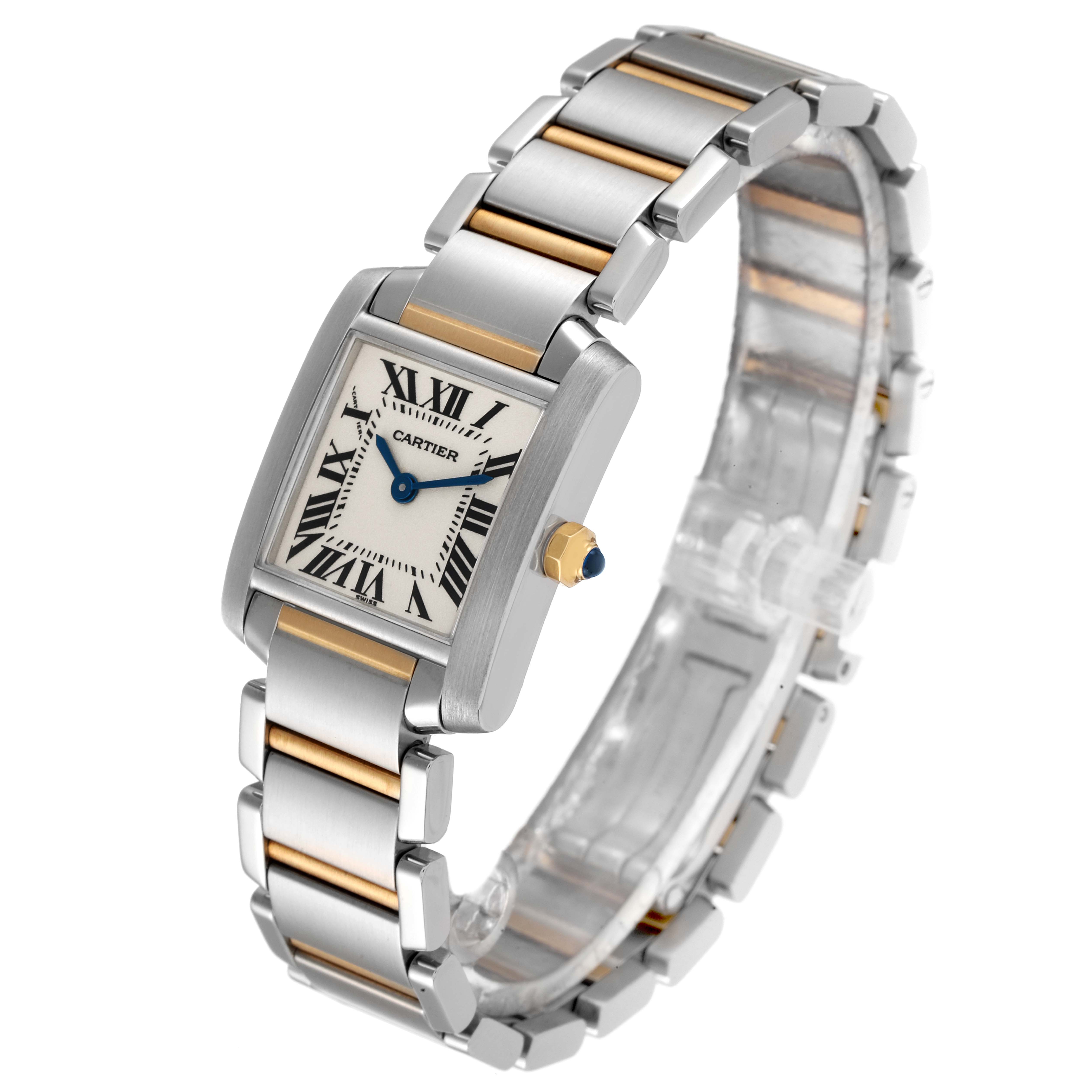 The Cartier Tank Francaise W51007Q4 Women's Steel and Gold (two tone) Silver Dial W51007Q4 Women's Steel and Gold (two tone) Silver Dial watch is shown at a 3/4 angle, highlighting its face, bracelet, and crown.