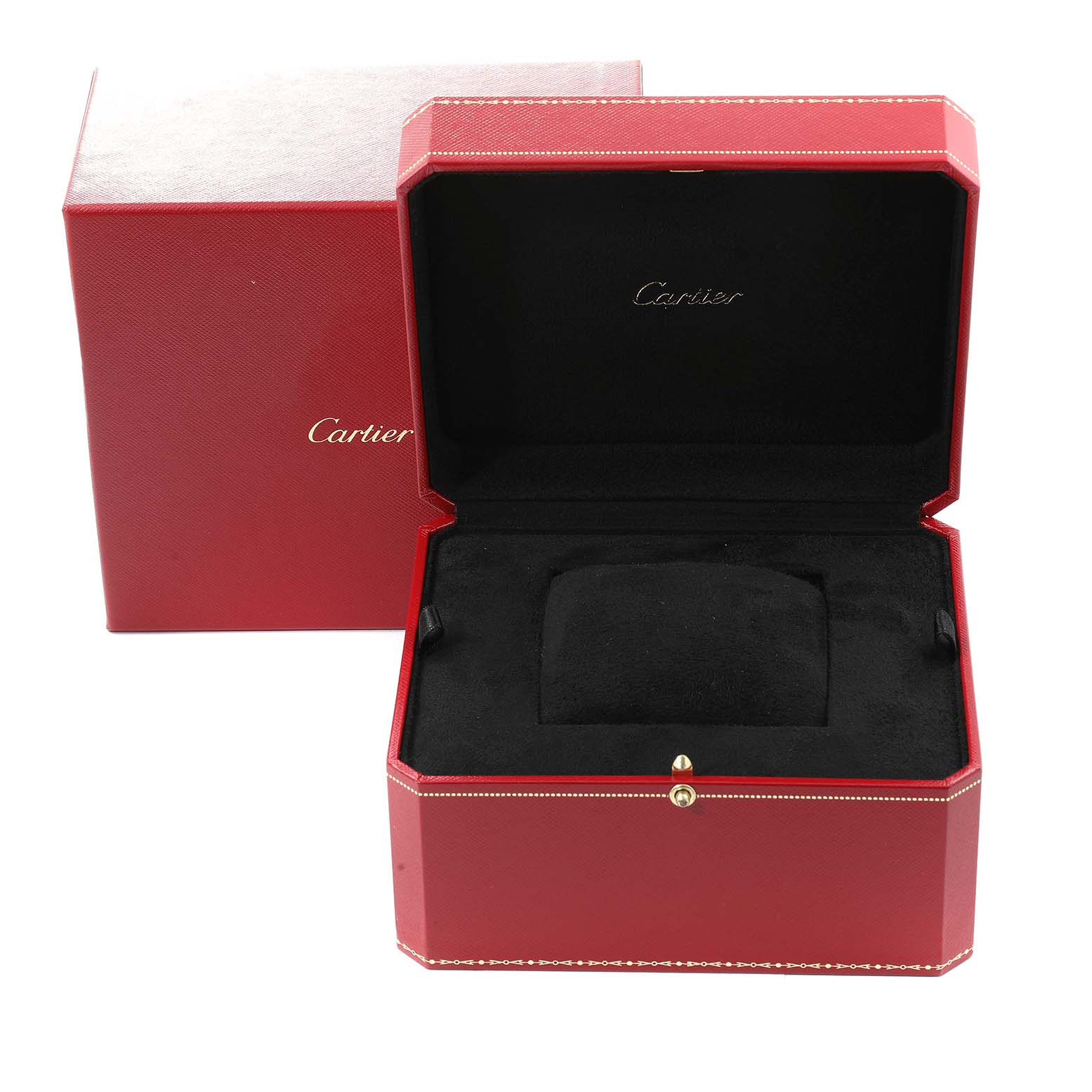 The image shows an open red Cartier watch box, likely for a Tank Française model, with a black interior lining and a cushion.