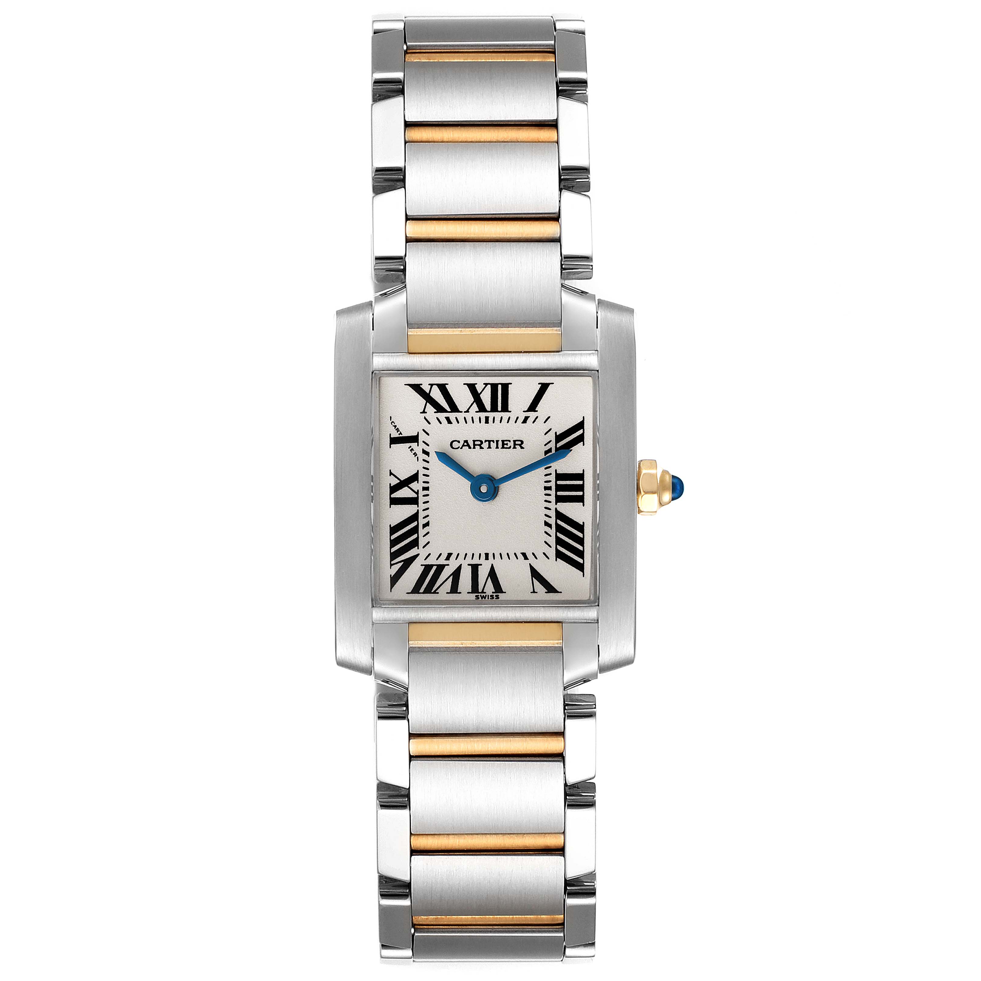 This is a front view of the Cartier Tank Francaise W51007Q4 Women's Steel and Gold (two tone) Silver Dial W51007Q4 Women's Steel and Gold (two tone) Silver Dial watch, showing the face, bracelet, and dial.