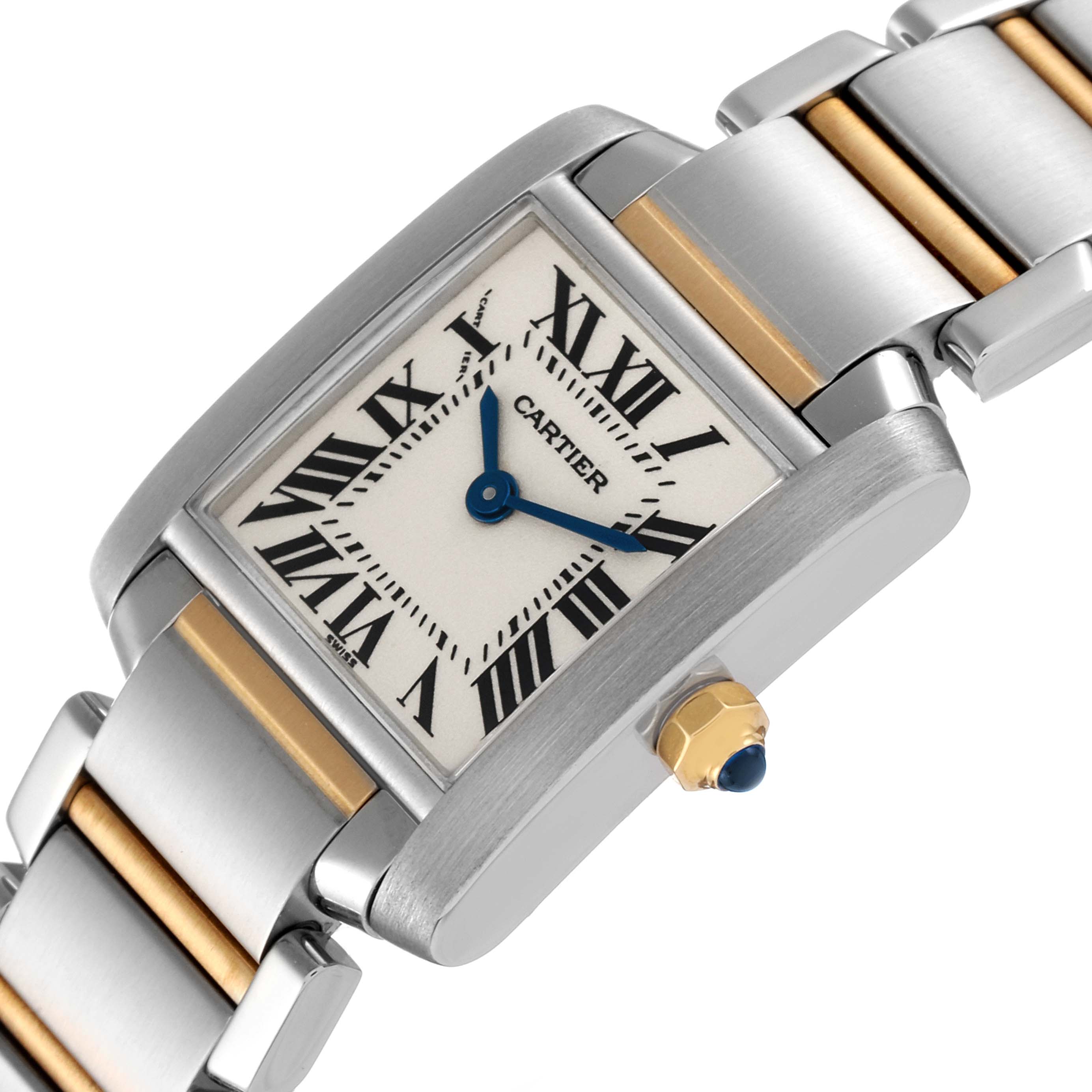 This image shows a close-up angled view of the Cartier Tank Francaise W51007Q4 Women's Steel and Gold (two tone) Silver Dial W51007Q4 Women's Steel and Gold (two tone) Silver Dial watch, highlighting the dial, crown, and part of the metal bracelet.