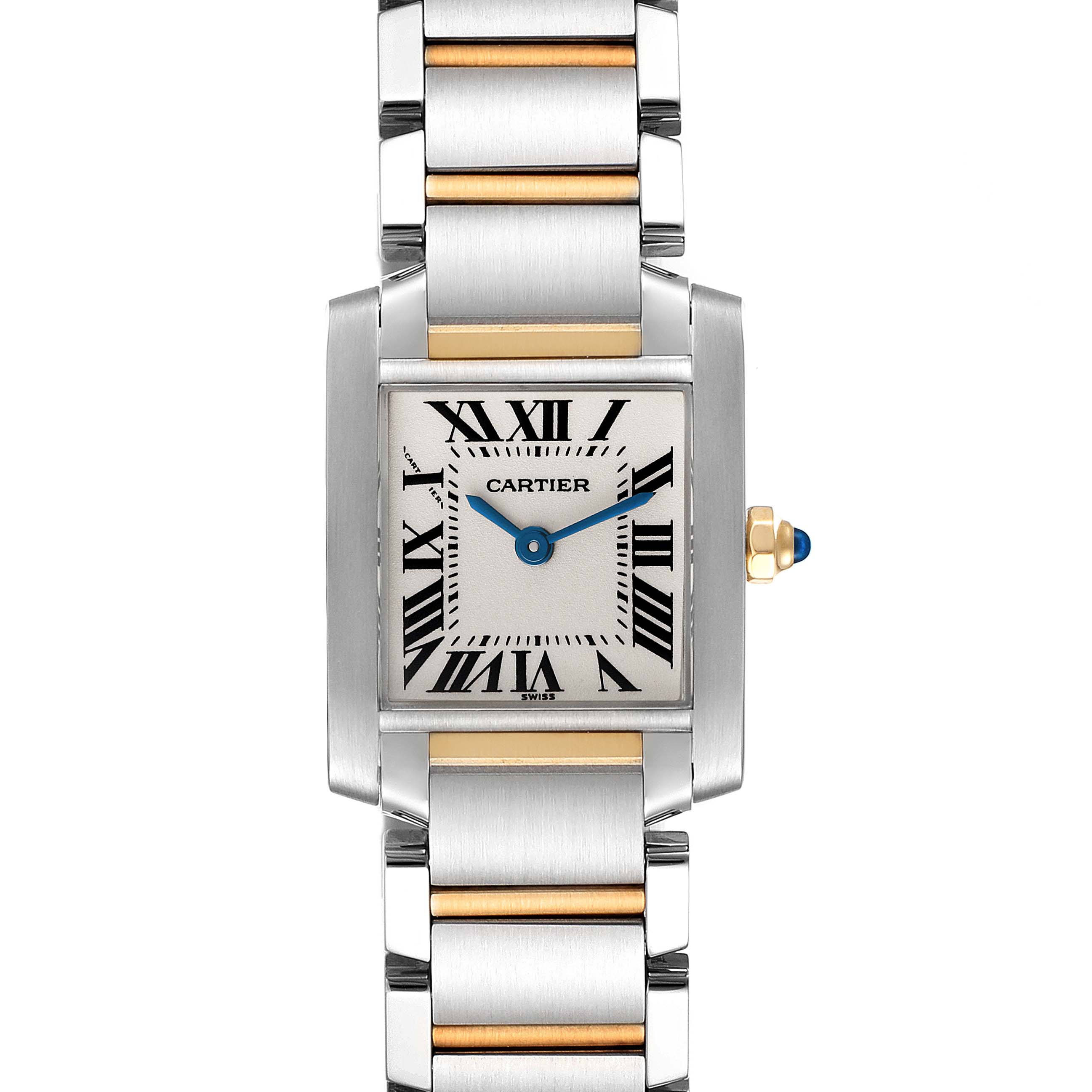 The image shows a Cartier Tank Francaise W51007Q4 Women's Steel and Gold (two tone) Silver Dial W51007Q4 Women's Steel and Gold (two tone) Silver Dial watch from a front angle, displaying its dial, case, and bracelet.