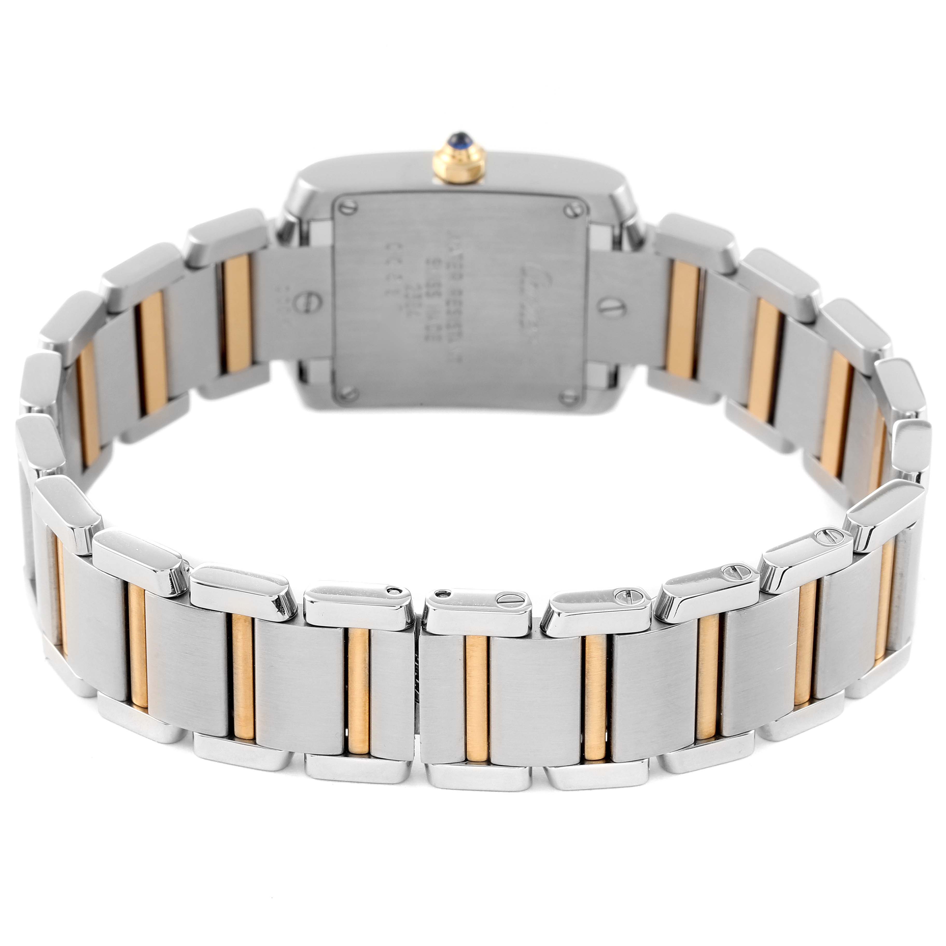 The image shows the back view of a Cartier Tank Francaise W51007Q4 Women's Steel and Gold (two tone) Silver Dial W51007Q4 Women's Steel and Gold (two tone) Silver Dial watch, highlighting its two-tone bracelet and case back.