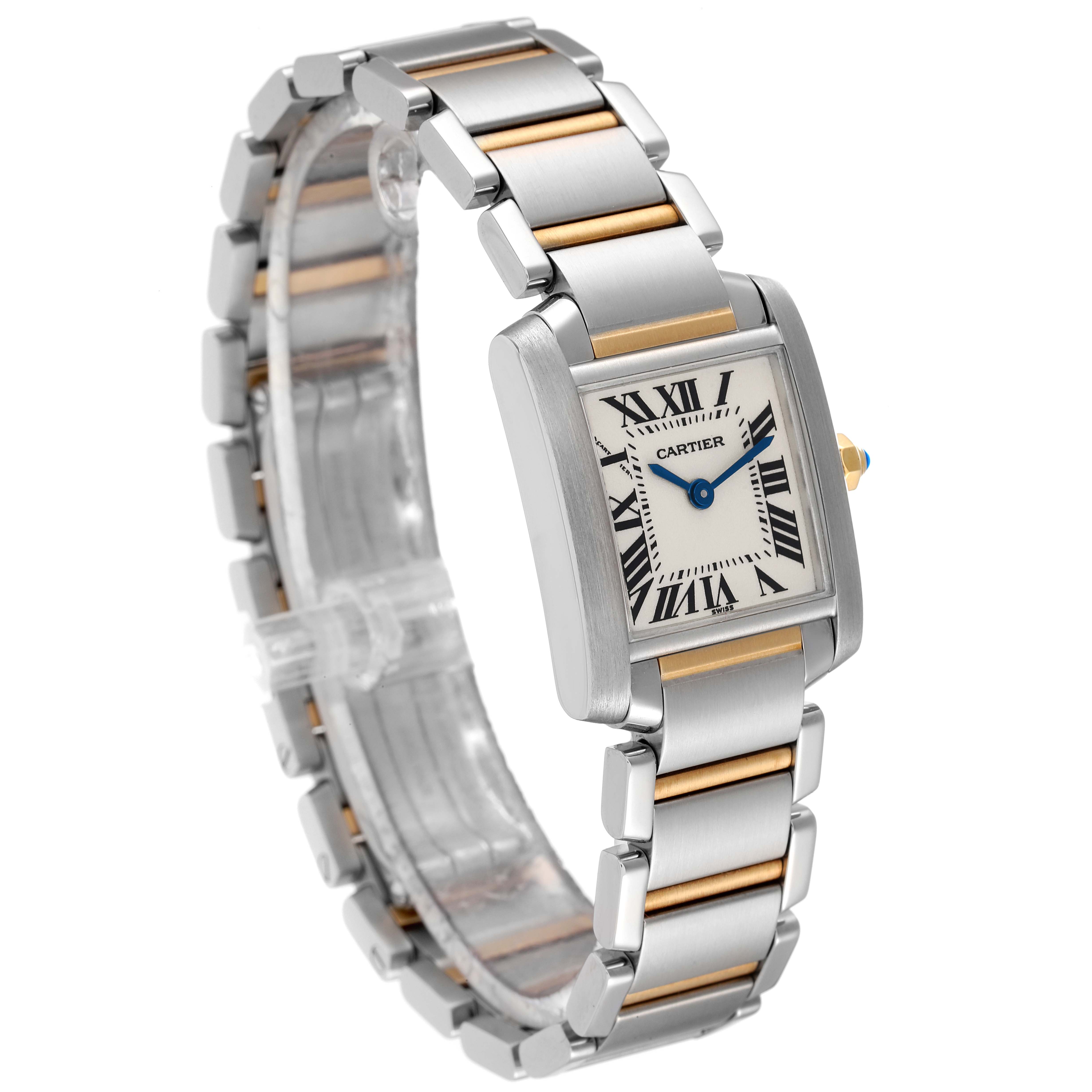 The Cartier Tank Francaise W51007Q4 Women's Steel and Gold (two tone) Silver Dial W51007Q4 Women's Steel and Gold (two tone) Silver Dial watch is shown at a slight angle, displaying its face, bezel, and two-tone metal bracelet.