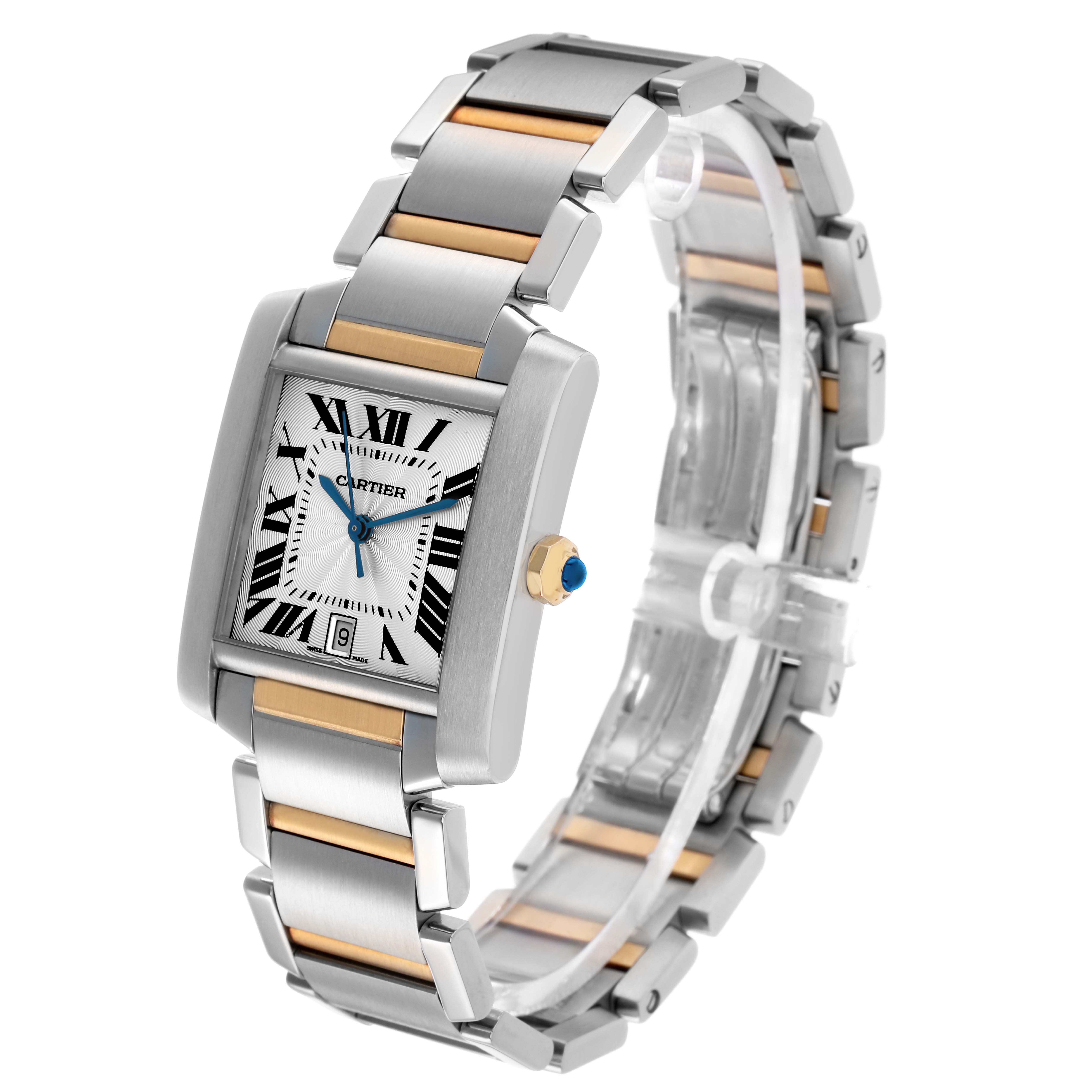The Cartier Tank Francaise W51005Q4 Men
s Steel and Gold (two tone) Silver Dial watch is shown at a three-quarter angle, highlighting the face, two-tone bracelet, and crown with blue cabochon.