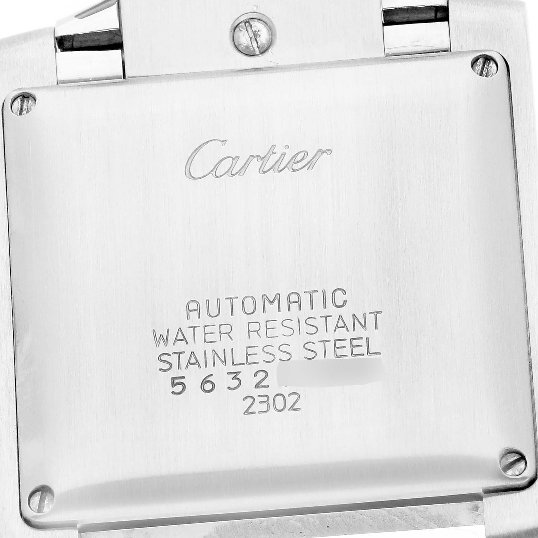 The image shows the back case of a Cartier Tank Française watch, detailing its automatic movement and water resistance.