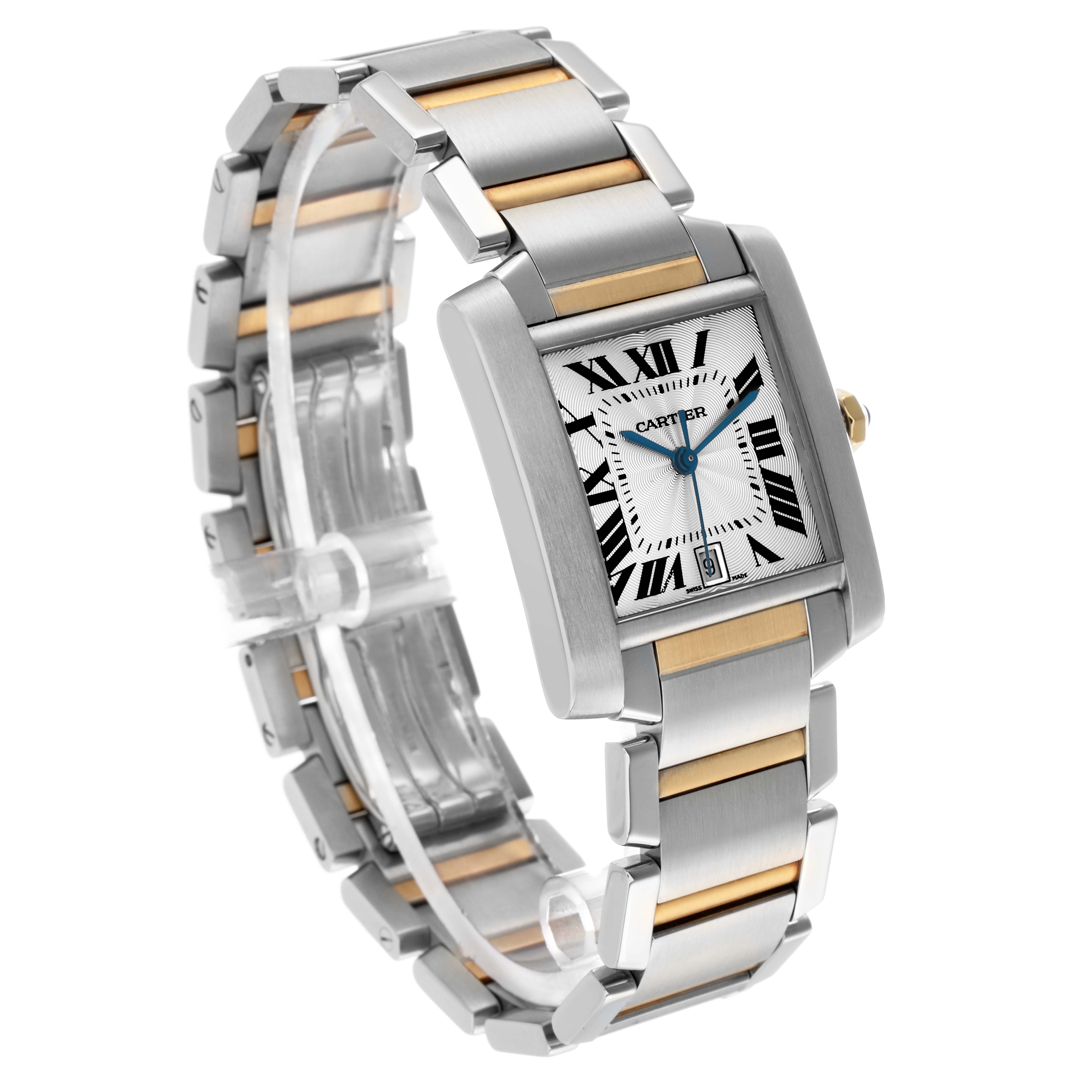 The Cartier Tank Francaise W51005Q4 Men
s Steel and Gold (two tone) Silver Dial watch is shown at an angled view, highlighting its rectangular face and two-tone bracelet.