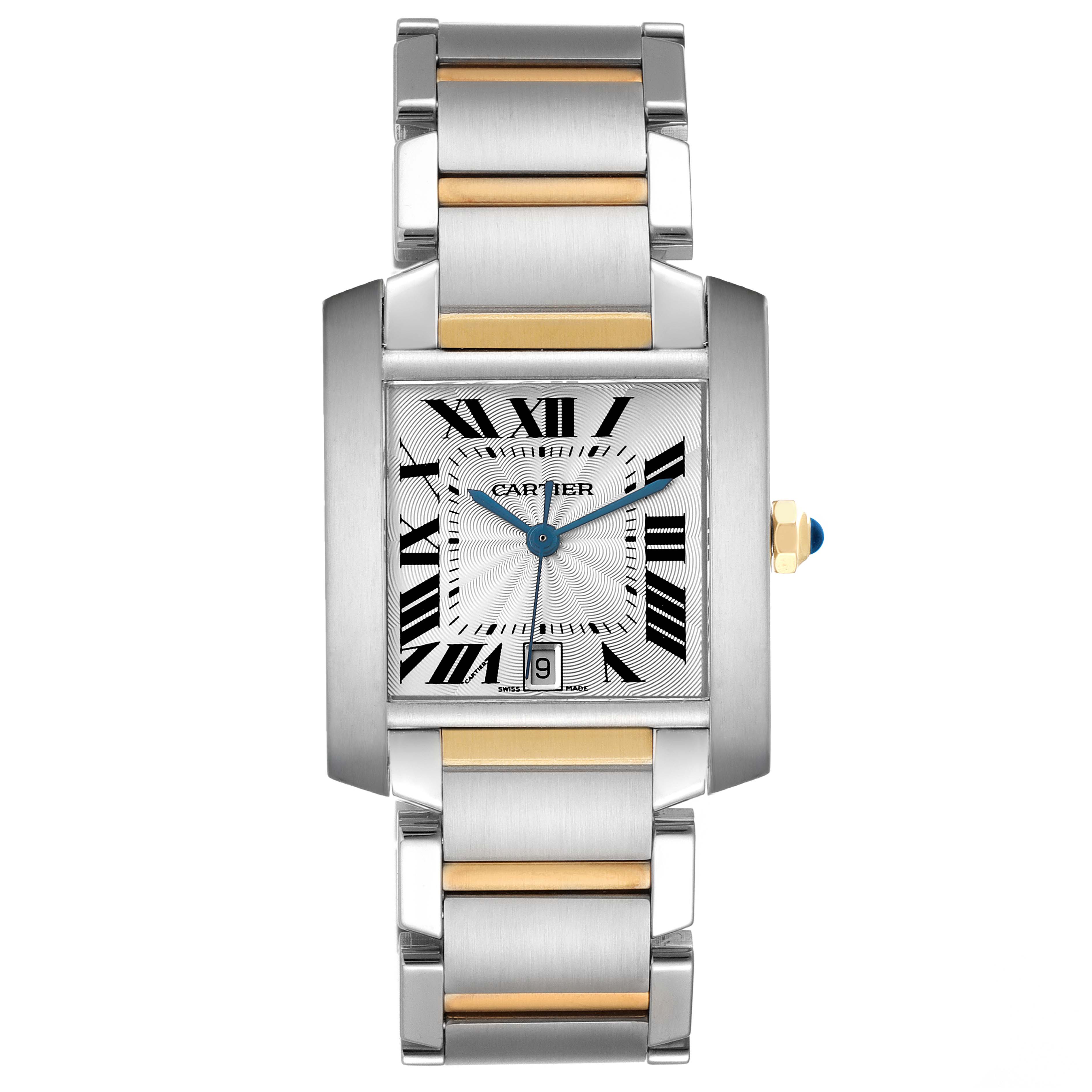 The Cartier Tank Française watch is shown from the front, displaying its rectangular face, Roman numerals, and metal bracelet.