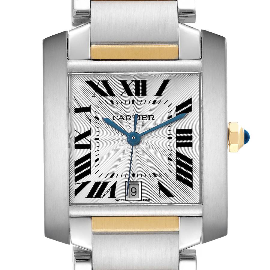 The Cartier Tank Francaise W51005Q4 Men's Steel and Gold (two tone) Silver Dial is shown from a front angle, highlighting its face, Roman numerals, and metal bracelet with gold accents.