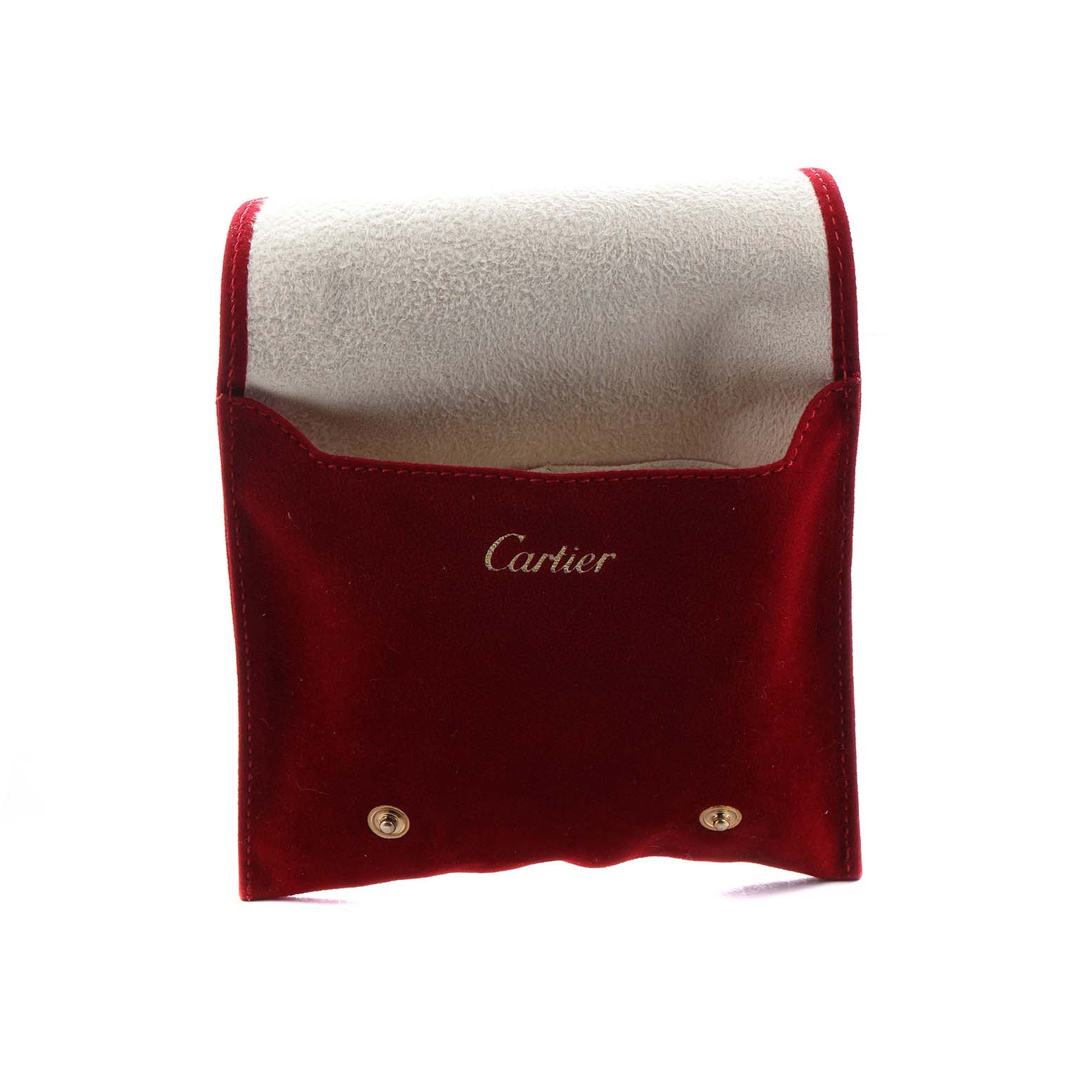 The image shows a red Cartier pouch, likely for the Tank Francaise model, viewed from the front with the flap open.