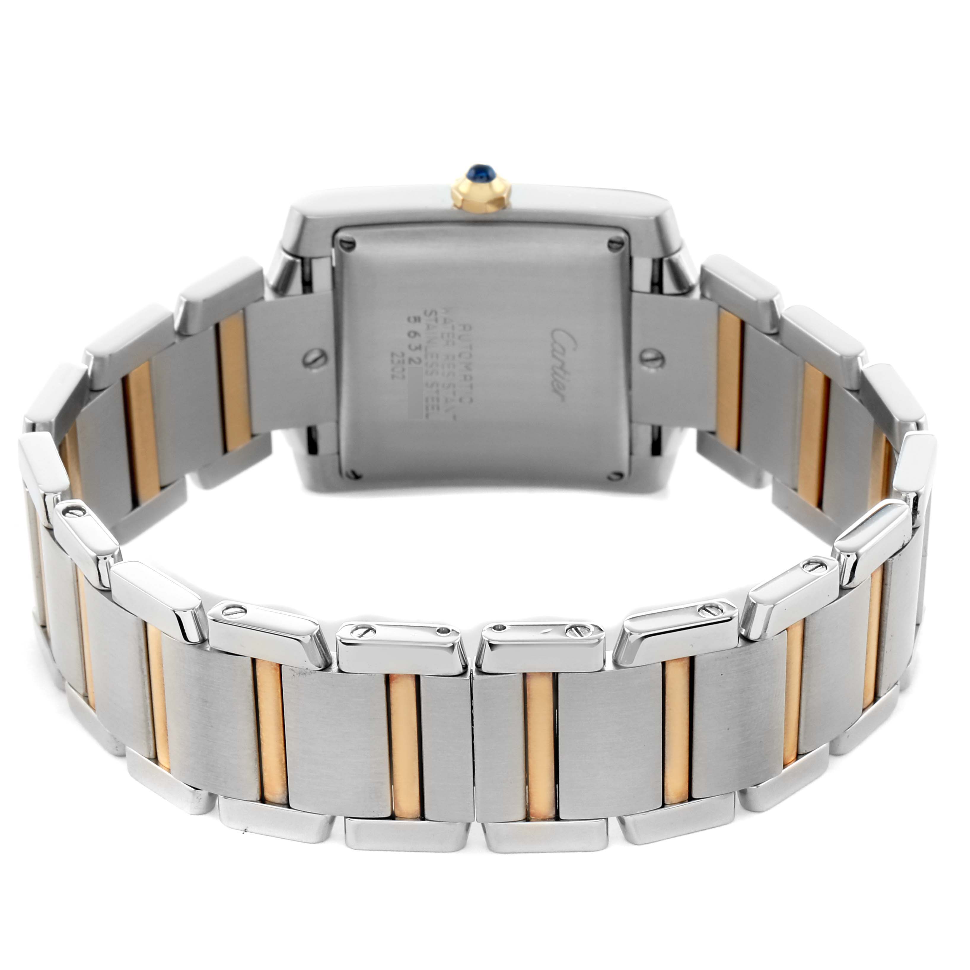 The image shows the back view of a Cartier Tank Française watch, highlighting its two-tone metal bracelet and case back.