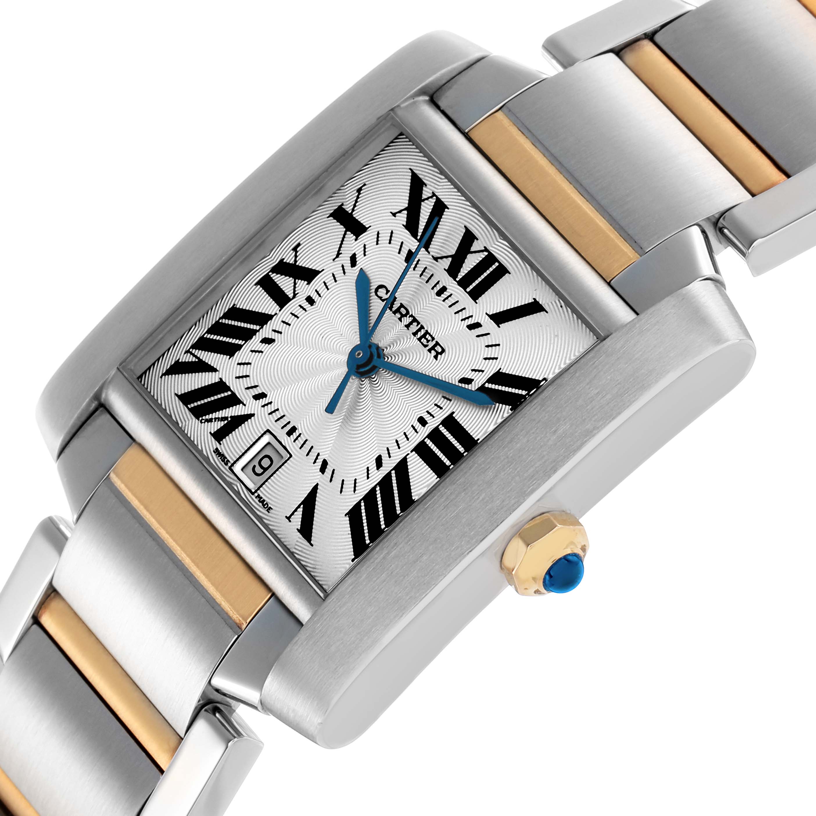 The Cartier Tank Française watch is shown at an angled close-up, highlighting the face, crown, and part of the bracelet.