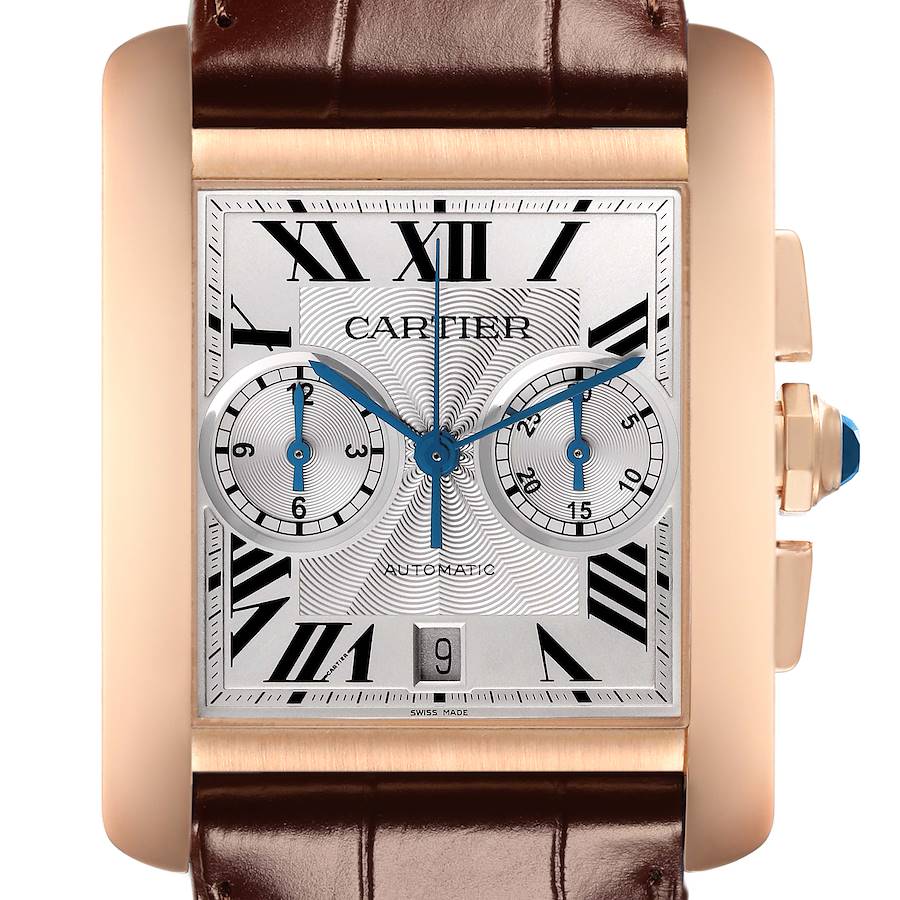 The Cartier Tank MC watch is shown from a front angle, displaying its face, Roman numerals, sub-dials, and crown.