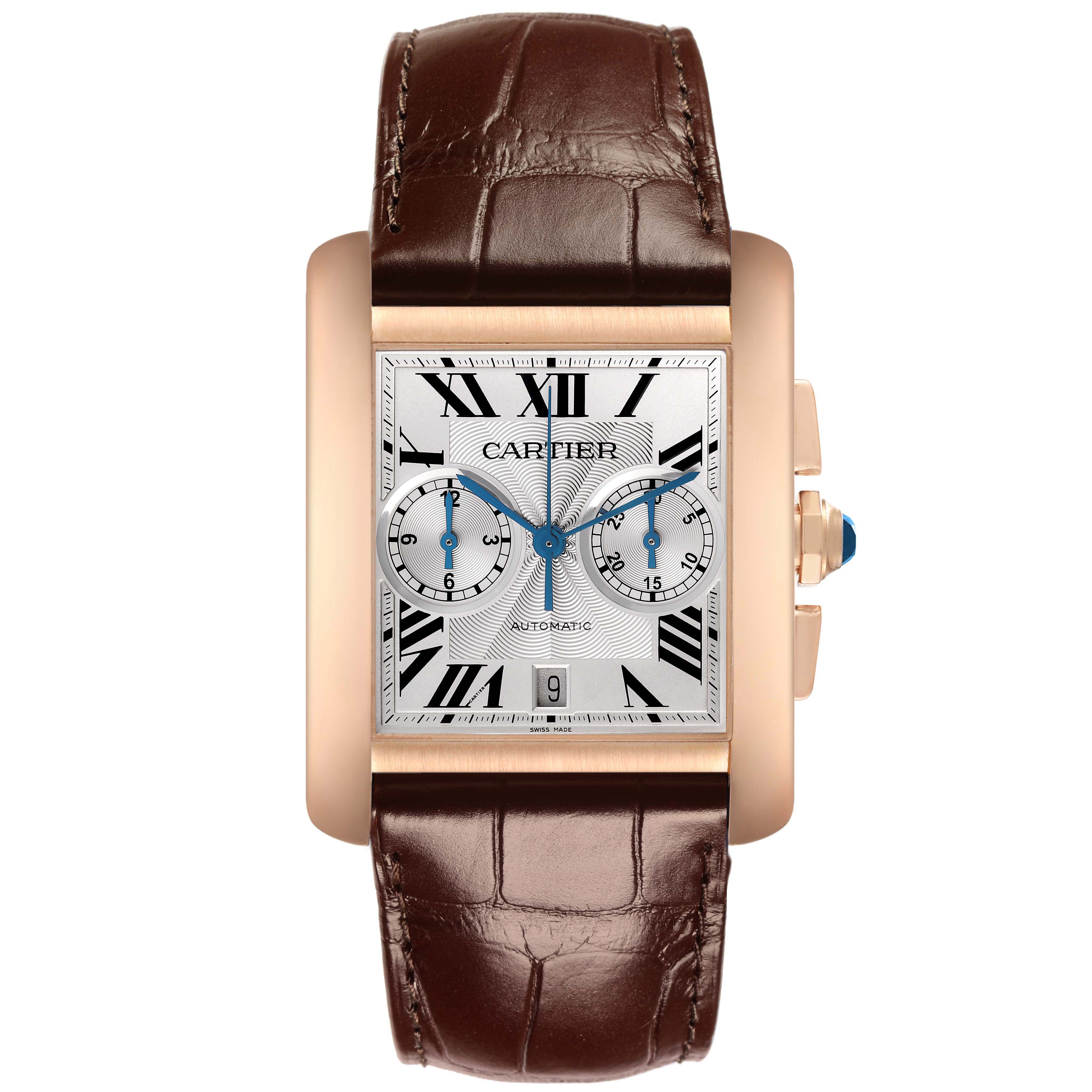 The Cartier Tank MC W5330005 Men's Rose Gold Silver Dial watch is shown from a front angle, highlighting its rectangular face, Roman numerals, and brown leather strap.